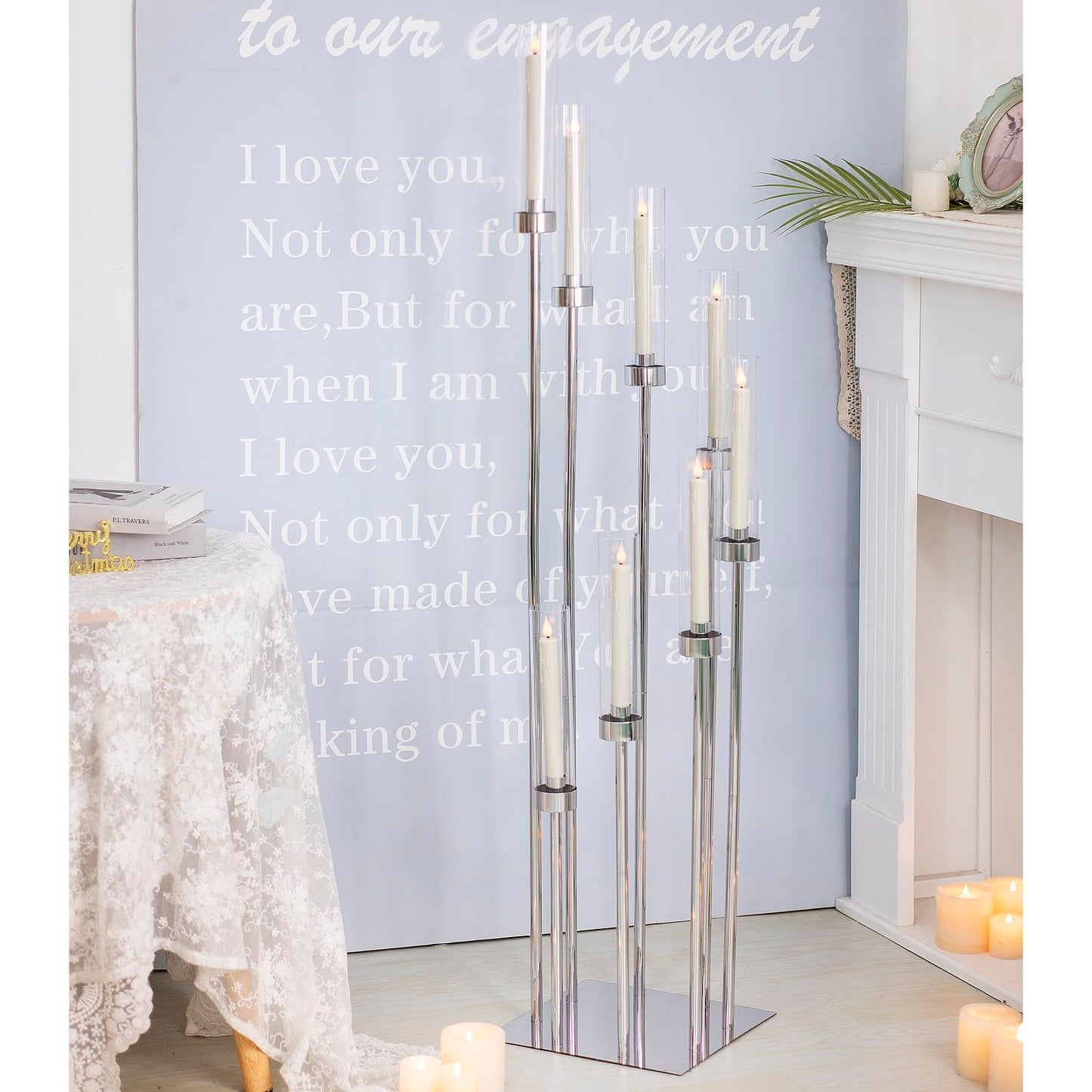 Floor Candelabra Wedding Centerpiece, 45.3'' Tall Floor Candle Holder Set, 8-arm Silver Metal Candlestick Holders with Acrylic Shades, LED Taper Candle Holder Stand for Party Wedding Home Decor