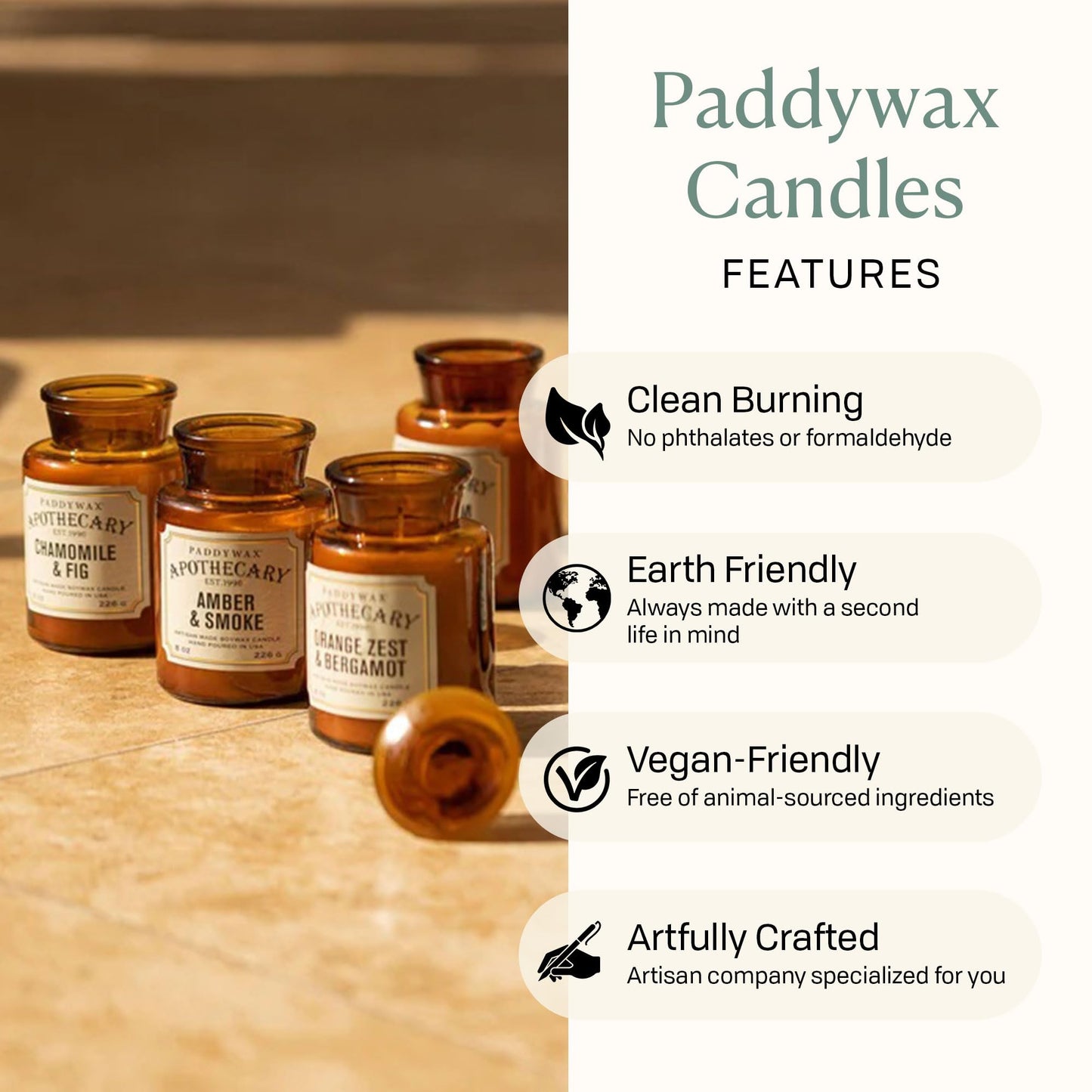 Paddywax Artisan Apothecary Scented Candle with Lid in Reusable Glass Jar, Clean-Burn Soy Candle with Approx. 54 Hour Burn Time, Sea Salt & Sage, 8 oz.