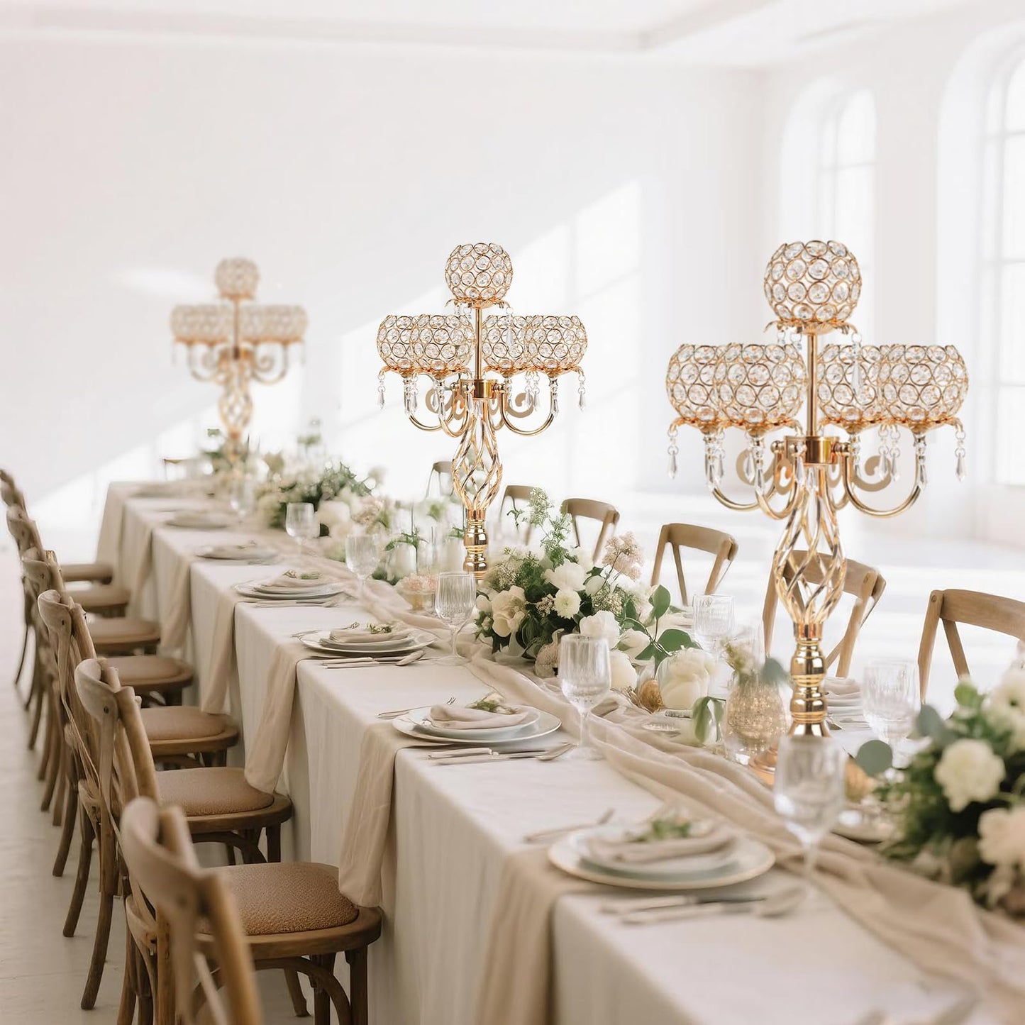 Kehail 5-Arm Crystal Candelabra Centerpiece 23.2" Tall - Elegant Candle Holder Stand with Crystal Bowl, Chic Table Decor for Weddings, Parties, Anniversary & Home Decoration (4, Gold)