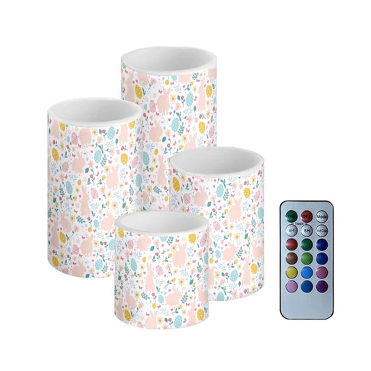NETILGEN Easter Day Decor 4 Pcs Flameless Candles Battery Powered with Multicolor Lights Timer Remote Control Fake Candles for Home Party Decoration Floral Rabbits Print