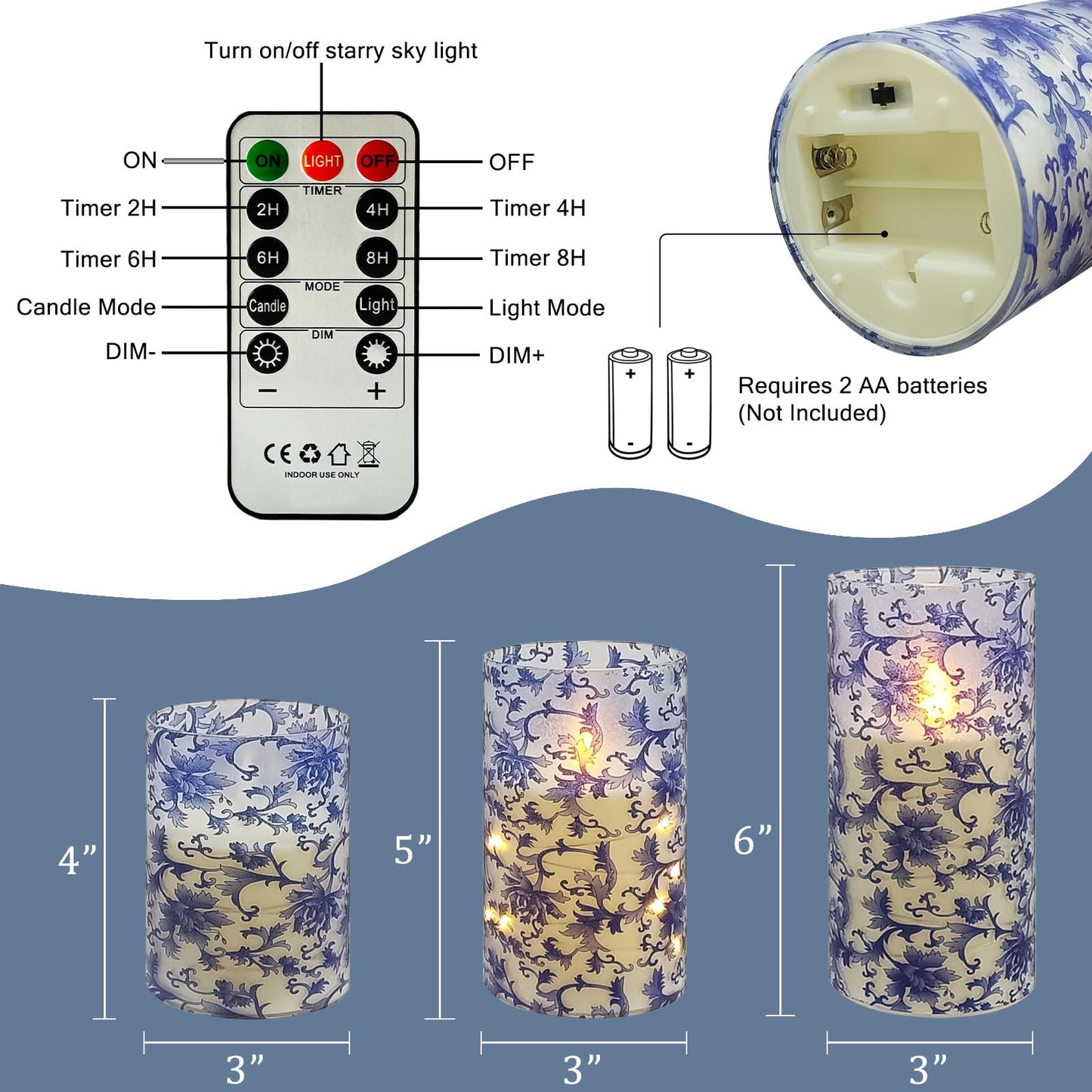 NjaoHoo Floral Flickering Flameless Candles, Recessed String Light LED Candles 3D Wick Acrylic Battery Operated LED Pillar Candles with Remote and Timer for Home Decor Set of 3(Blue & White)