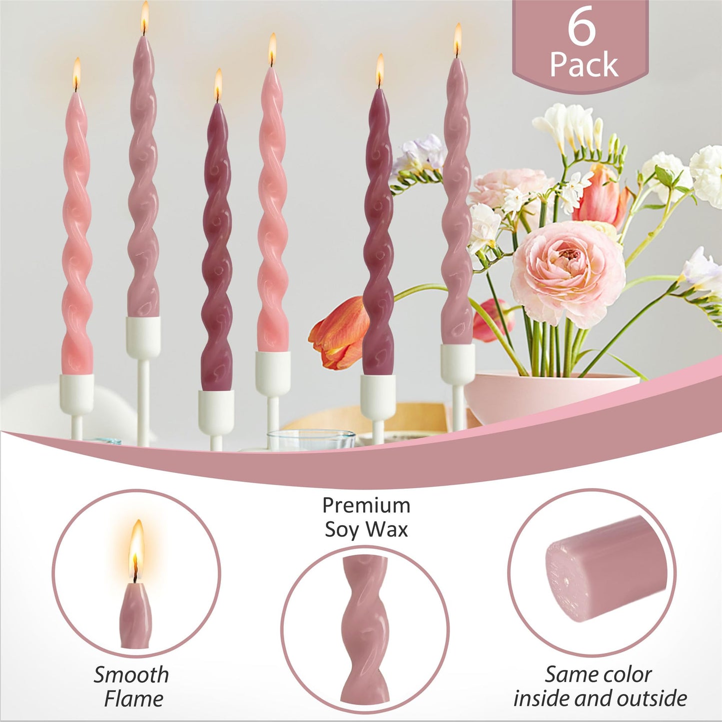 Spiral Taper Candle Twist Candlesticks,Gedengni 10inches Long Tapered Candle Pink Candle Sticks Colorful Twisted Candles for Wedding Home Dinner Party Gift,Pack of 6 (22D6P-PIKMIX)