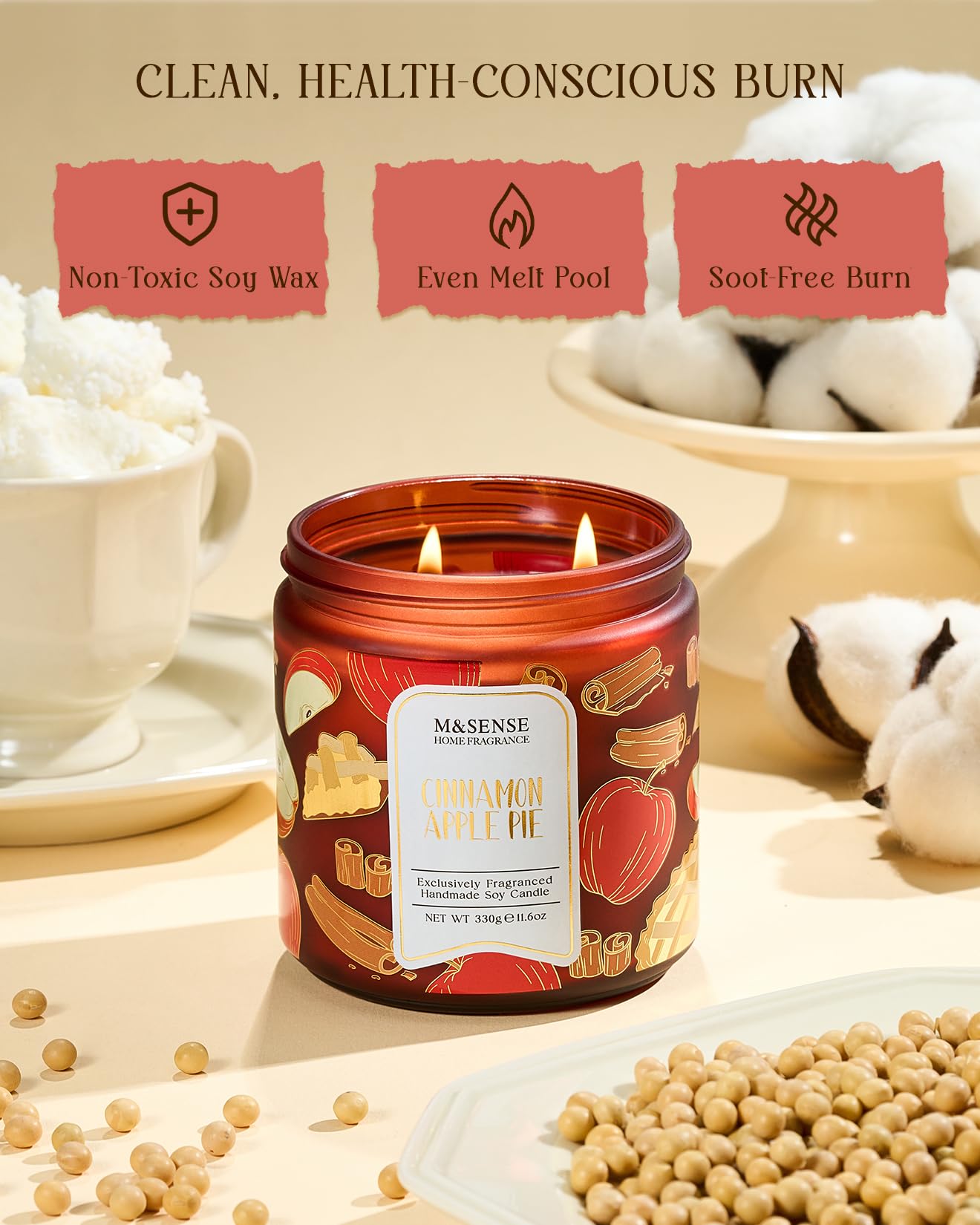 M&SENSE Christmas Candles Cinnamon Apple Scented, Soy Wax 11.6oz 70 Hours Long Lasting Burn, Holiday Candle for Kitchen Dining Room Fall Decor, Winter Relaxing Gifts for Women