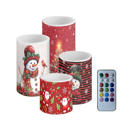 NEITLGEN Christmas Theme Flameless Candles with Timer Remote, Flickering Battery Operated LED Pillar Candles Set of 4 Holiday Decoration