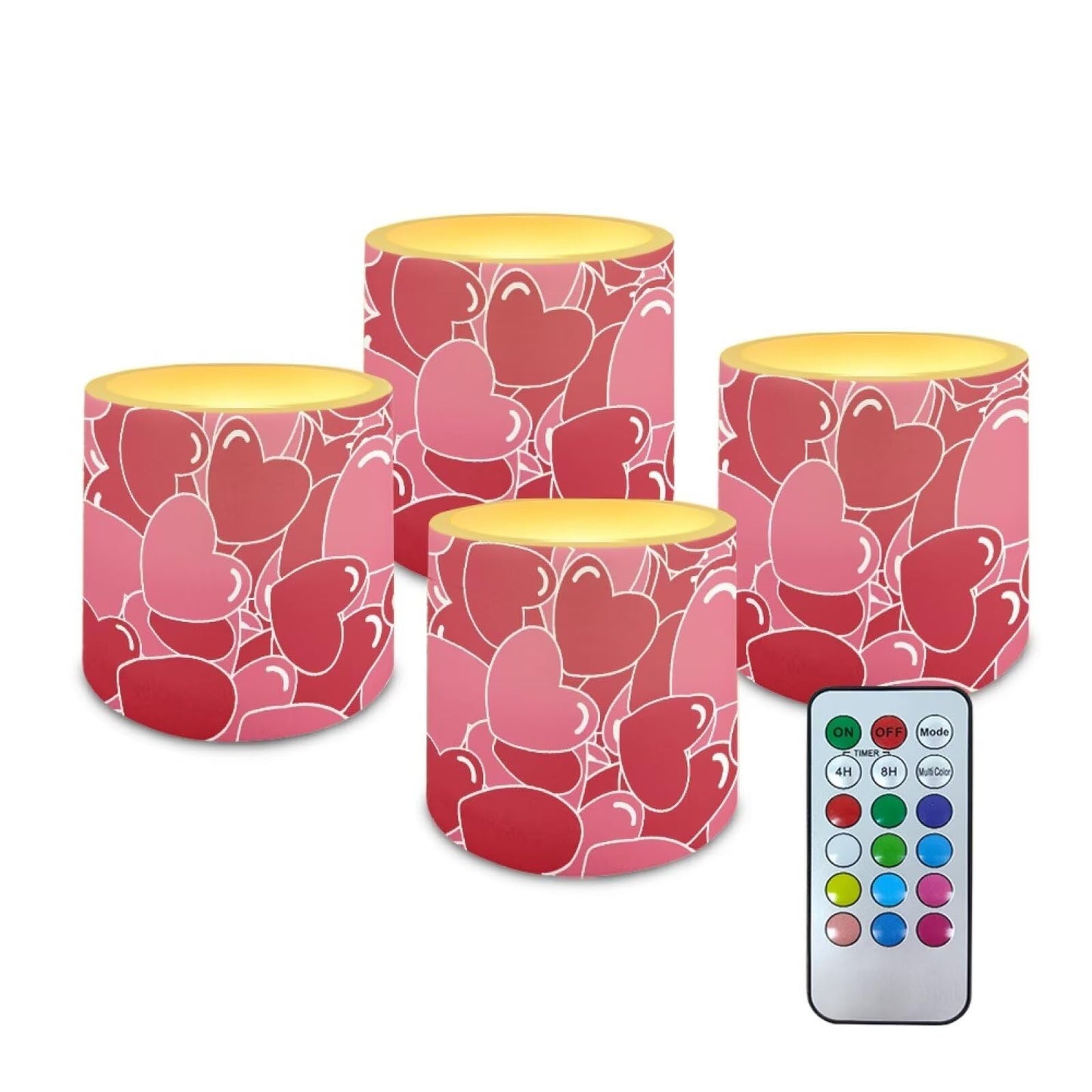 Merkmak Pack of 4 Full Heart Print Flameless Candles with Remote Battery Operated Candles with Timer Waterproof Flameless Pillar Tea Lights for Valentines Day Wedding Home Decorations