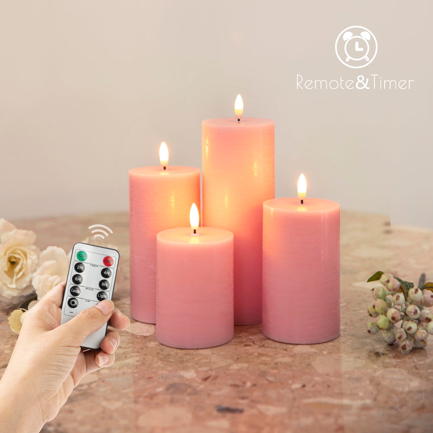 LUSHARBOR Flameless Candles, 4 Pack Battery Operated Candles with Remote, Real Wax LED Fake Candles with Timer Flickering for Christmas Wedding Home Party D3 H 5" 6" 7" 9" Pink