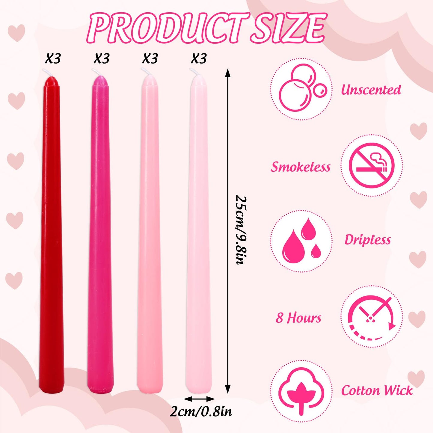 Whaline 12 Pcs Valentine's Day Taper Candles 10 Inch Wax Taper Candles Gradient Pink Red Long Unscented Candle Sticks for Mother's Day Wedding Anniversary Birthday Party