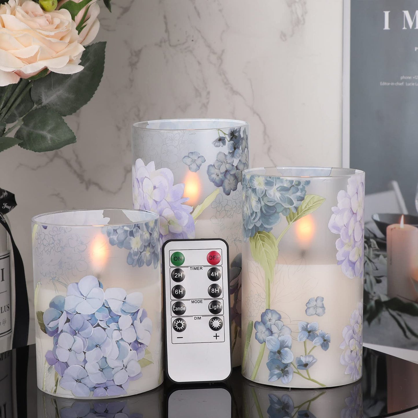 DRomance Rechargeable Hydrangea Glass Flameless Candles with Remote Timer Battery Operated LED Flickering Pillar Candles Real Wax Spring Dinner Christmas Holiday Decor D3 x H4, 5", 6"