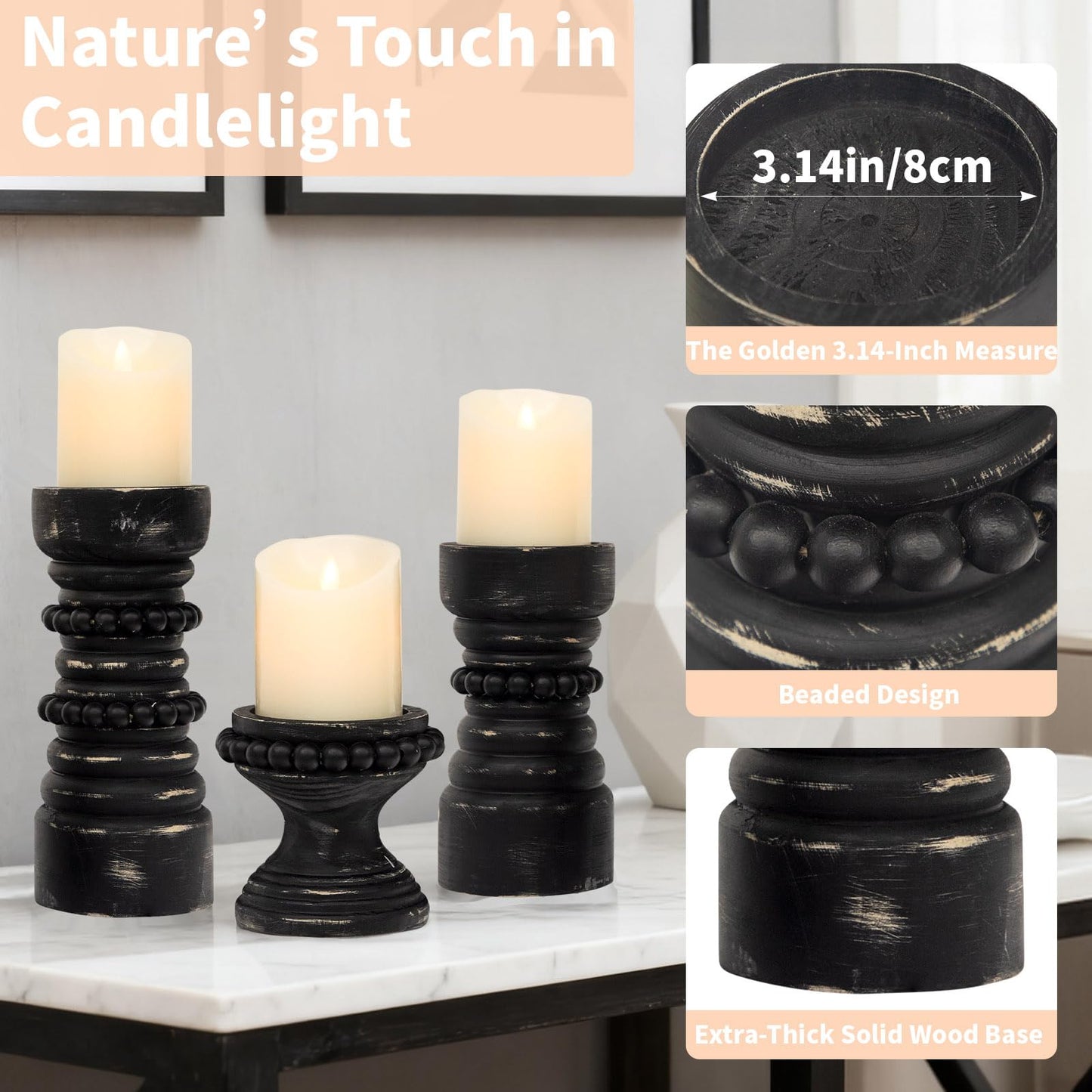 MODE HOME Rustic Black Wood Candle Holders Set of 3, Farmhouse Beaded Wood Pillar Candle Holder, Candle Holders for Pillar Candles & Candlesticks, Candle Sticks Holder Decor for Table Centerpiece