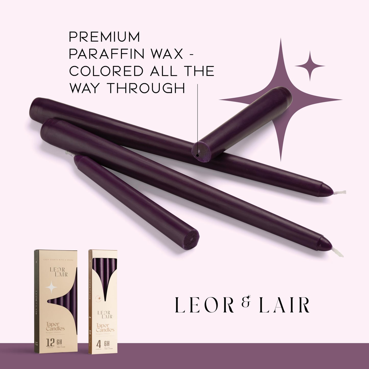 Leor & Lair Purple Taper Candles - 12 Pack 10" Purple Candlesticks - Unscented Long Burning Candle Sticks for Home Decoration, Dinner Table, Holidays, Weddings, Restaurants & Events