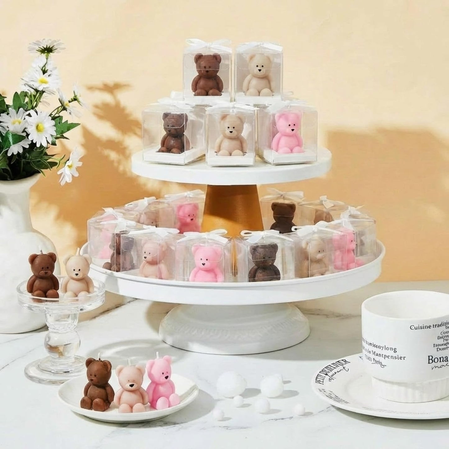Dansib 50 Pcs Bear Baby Shower Candle Favors for Guest Bear Party Favors Baby Shower Candles Bulk for Gifts Party Decorations (Light Brown,Dark Brown,Pink)