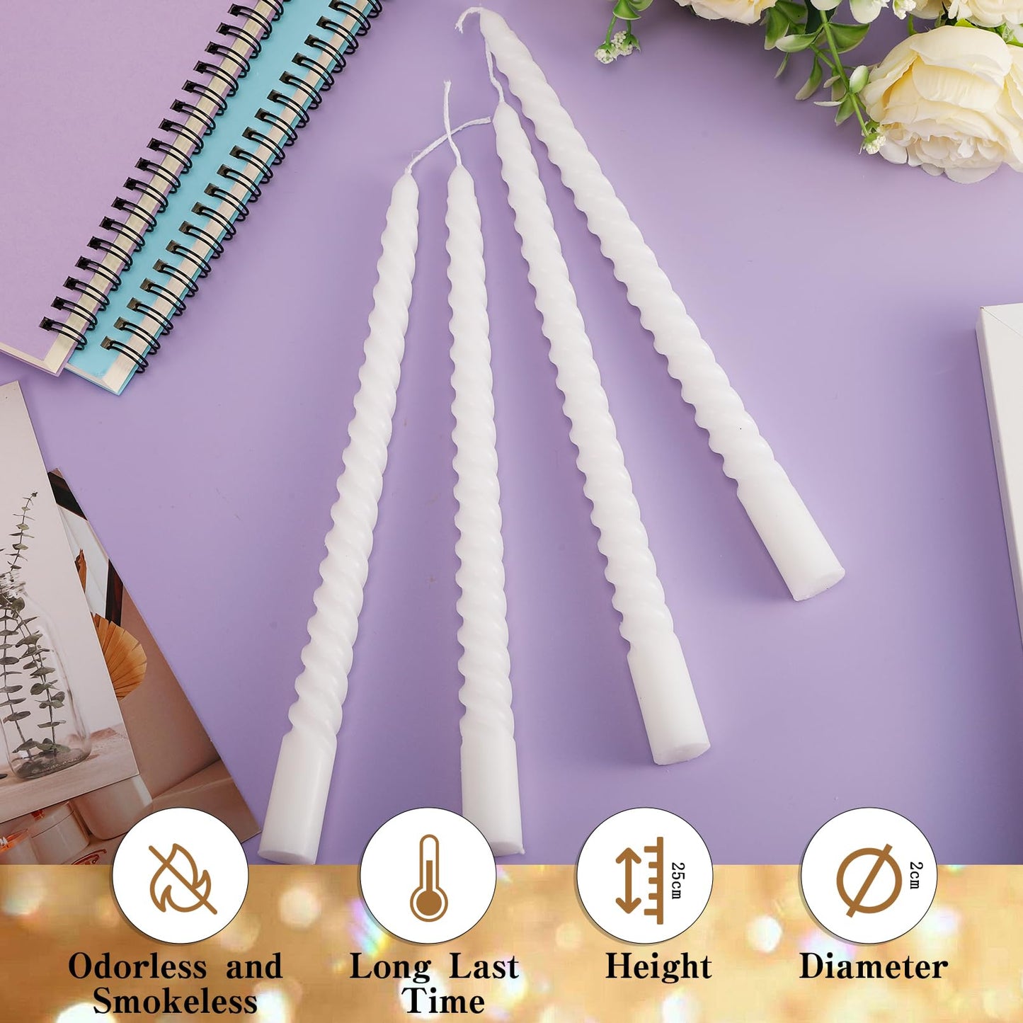 Cptoion Spiral Taper Candles,10 Inch Twisted Taper Candles,Unscented Dripless Twisted Candlesticks, White Spiral Taper Candle for Home Decoration,Dinner Party Wedding Holiday (24 Pcs)