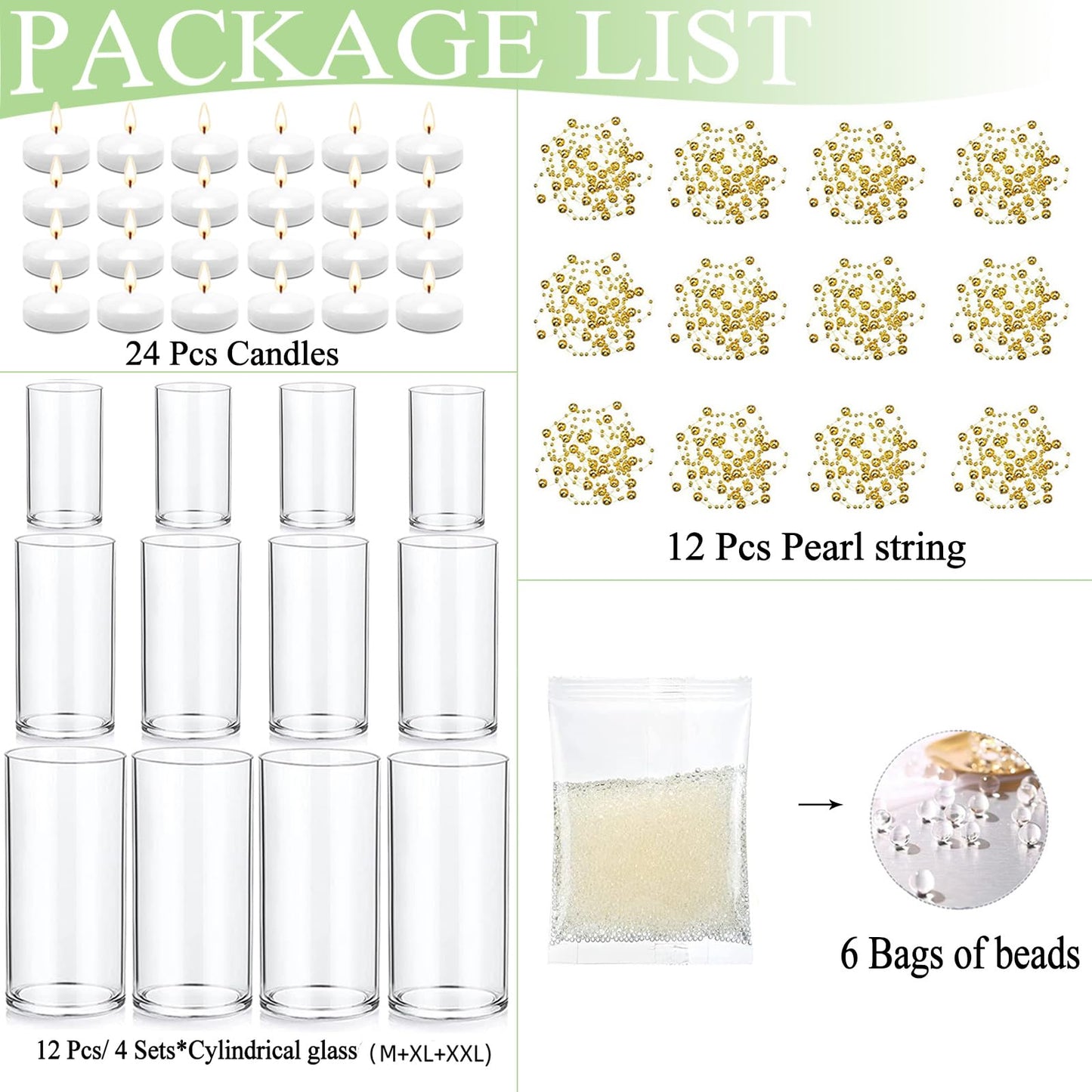 PNJHDZ Set of 12 Glass Cylinder Vases for Centerpieces with 8 Pack Vase Filler 12 Pearl String 24 White Floating Candles for Table Centerpieces for Wedding Party Home Decor 5, 6, 8 Inch