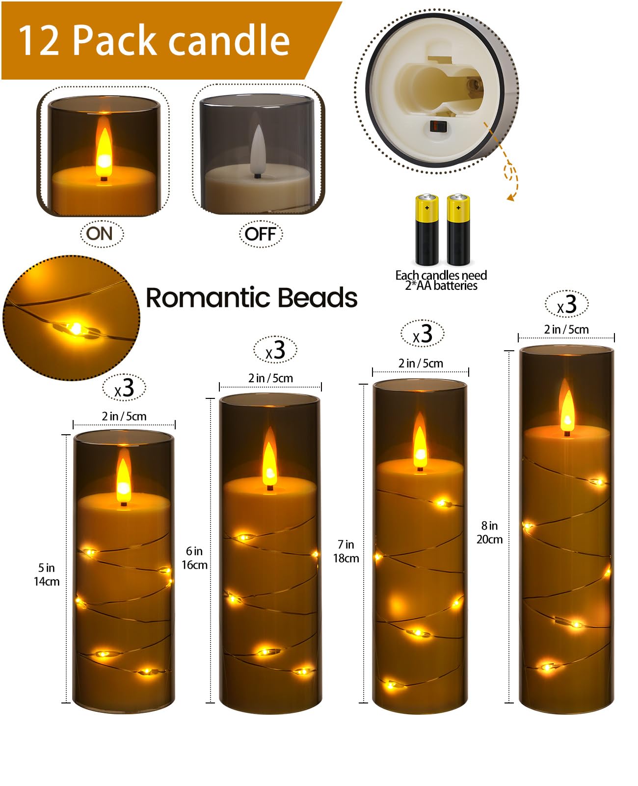 ACROSS Grey Flameless Candles with String Lights Battery Operated LED Pillar Candles 5‘’ 6‘’ 7‘’ 8‘’ Candle with Remote Control,Fake Candle Set of 12 for Special Festivals Decorations