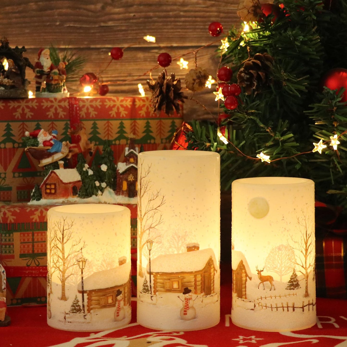 Lasumora Snowman Christmas Flameless Candles with 6H Timer, Real Wax LED Pillar Candles Flickering, Battery Operated Waxy Candles for Home Fireplace Décor Christmas Gifts, 3x4/5/6 inches