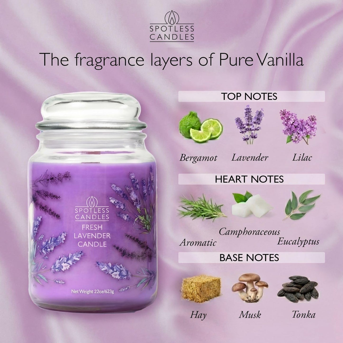 Lavender Candle 22oz: 130 Hours Burn Time, Large Jar Candle with Wooden Wick in a Decorated Jar with a Luxury Gift Box and Protective Shipper by Spotles Candles