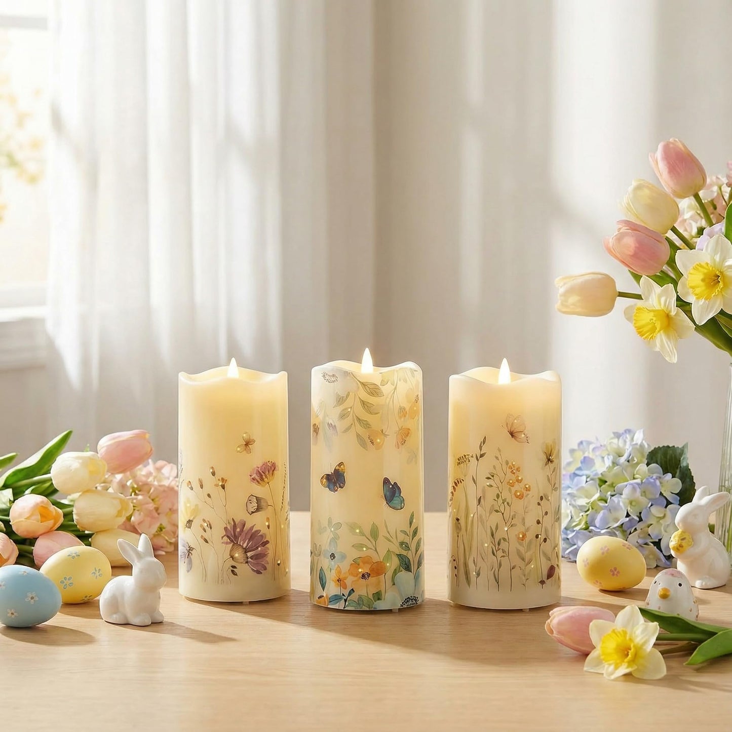 Eywamage Fiber Optic Flameless Pillar Candles with Remote Set of 3, Butterfly Floral Spring LED Candles Battery Operated Gift Φ 3" H 6"