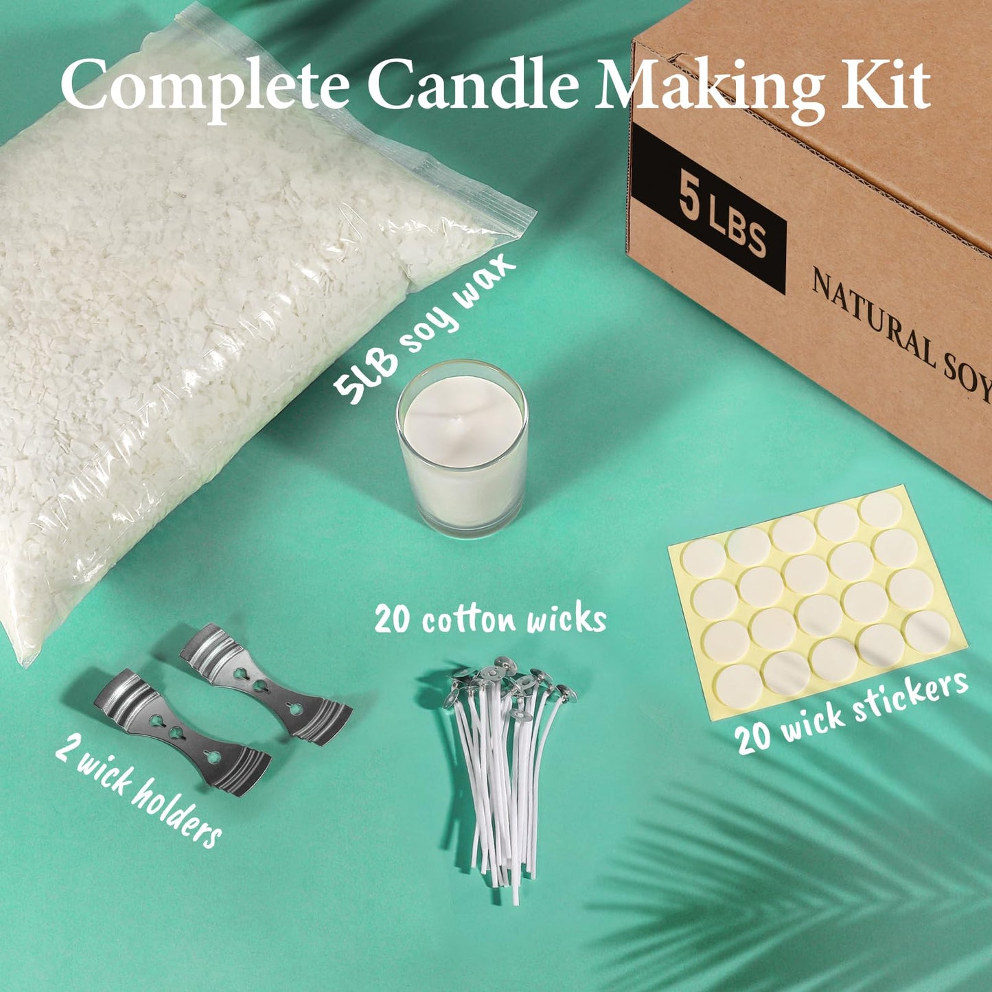 SAEUYVB Soy Candle Wax for Candle Making - Natural Soy Wax Flakes 5 lbs Bag, 20 Cotton Candle Wicks, 20 Wick Stickers & 2 Centering Devices