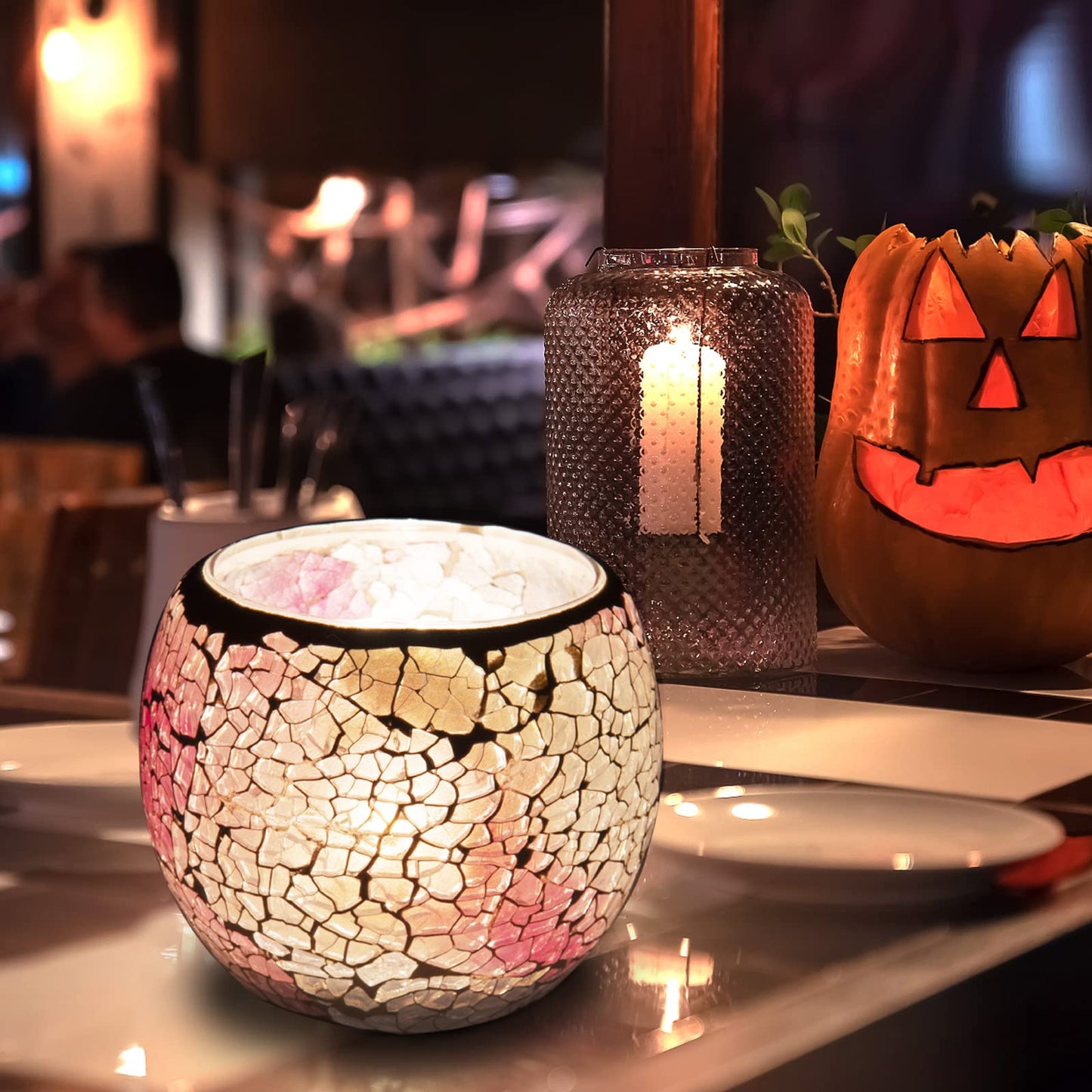 Rancco Glass Votive Candle Holder for Tealight, Romantic Mosaic Cracked Candle Holder, Candle Lamp Aromatherapy Candlescape Bowl for Valentine's Thanksgiving, Christmas Table Centerpiece, Party Decor