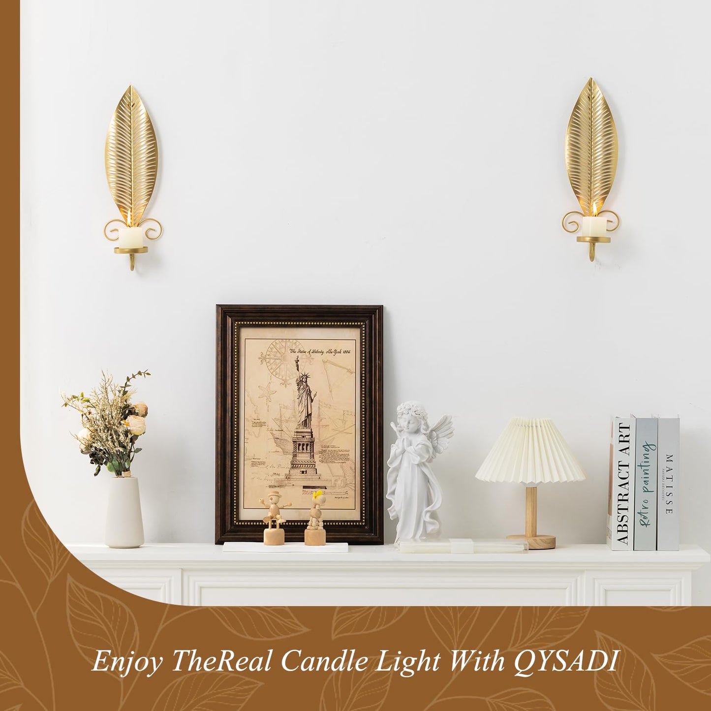 Gold Wall Candle Sconces Set of 2, Taper & Pillar Wall Iron Candelabra, Metal Golden Leaf Decor Sconce for Entryway Stair Corner Living Room, Farmhouse Fireplace,Gifts for Men Women Mom or Dad(Gold)