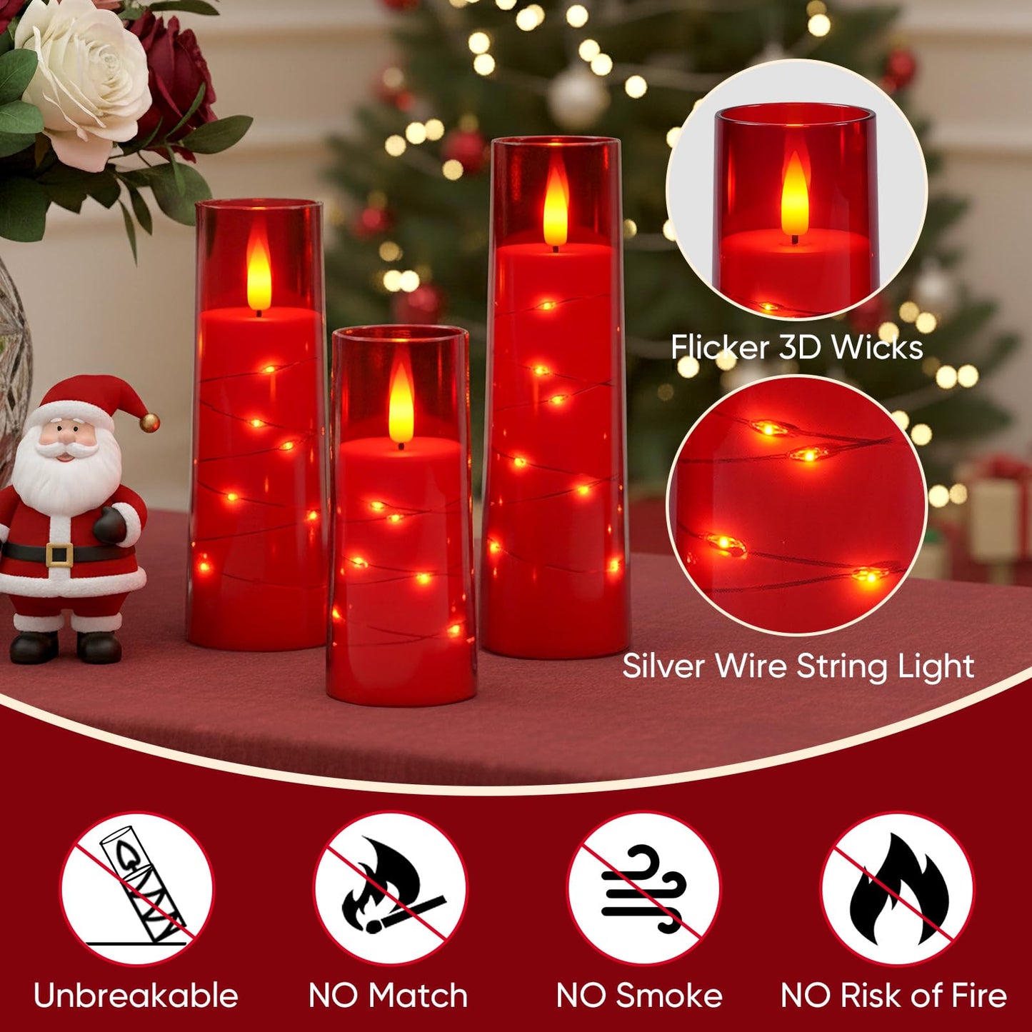 Raycare Independence Day Flameless Candle with Remote Timer – 9 Flickering Acrylic Battery Operated LED Pillar Candles with Embedded Star String for 4th of July Home Patriotic Decor, as a Gift (Red)