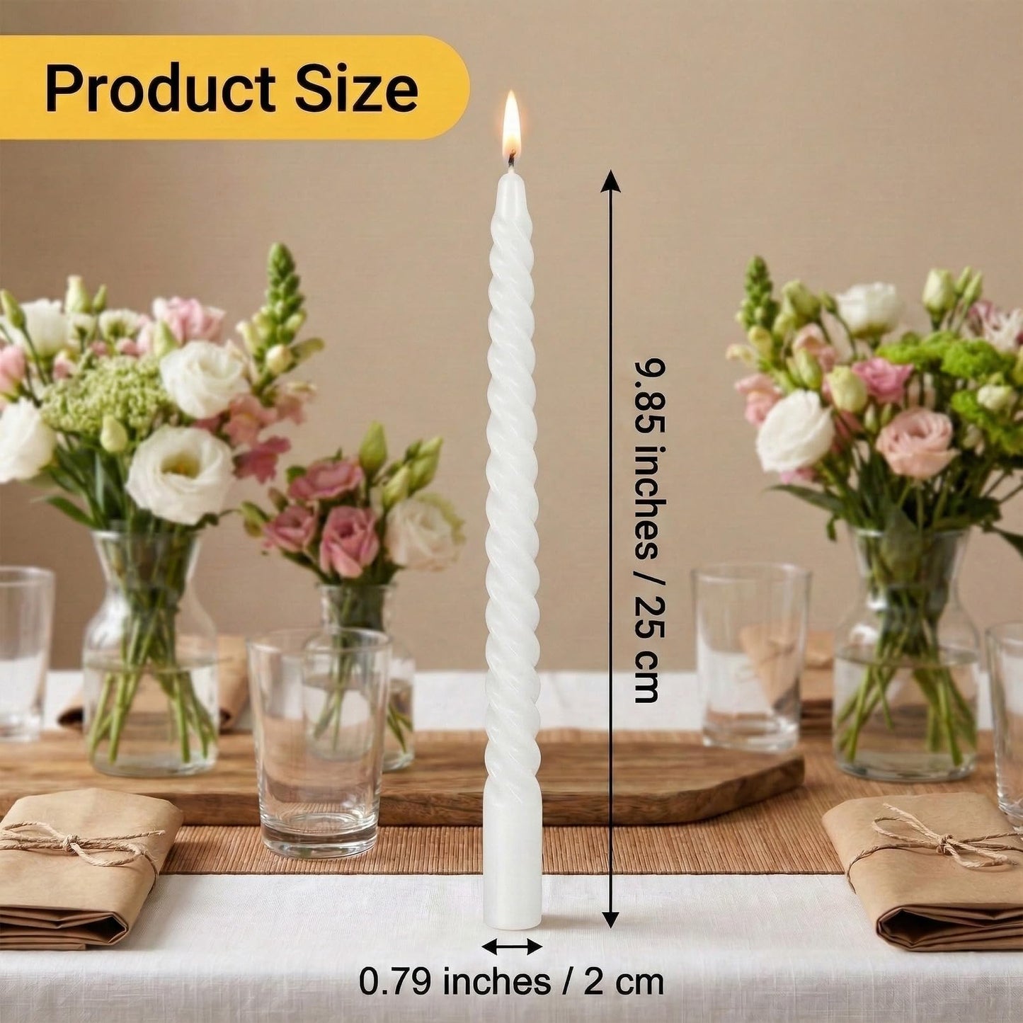 Bgtecho 12 Pack Spiral Taper Candles, 10 Inch White Tall Twisted Candlesticks, Dripless Unscented Thin Candle, Long Burning Smokeless Candles for Wedding Dinner Party Home Decor