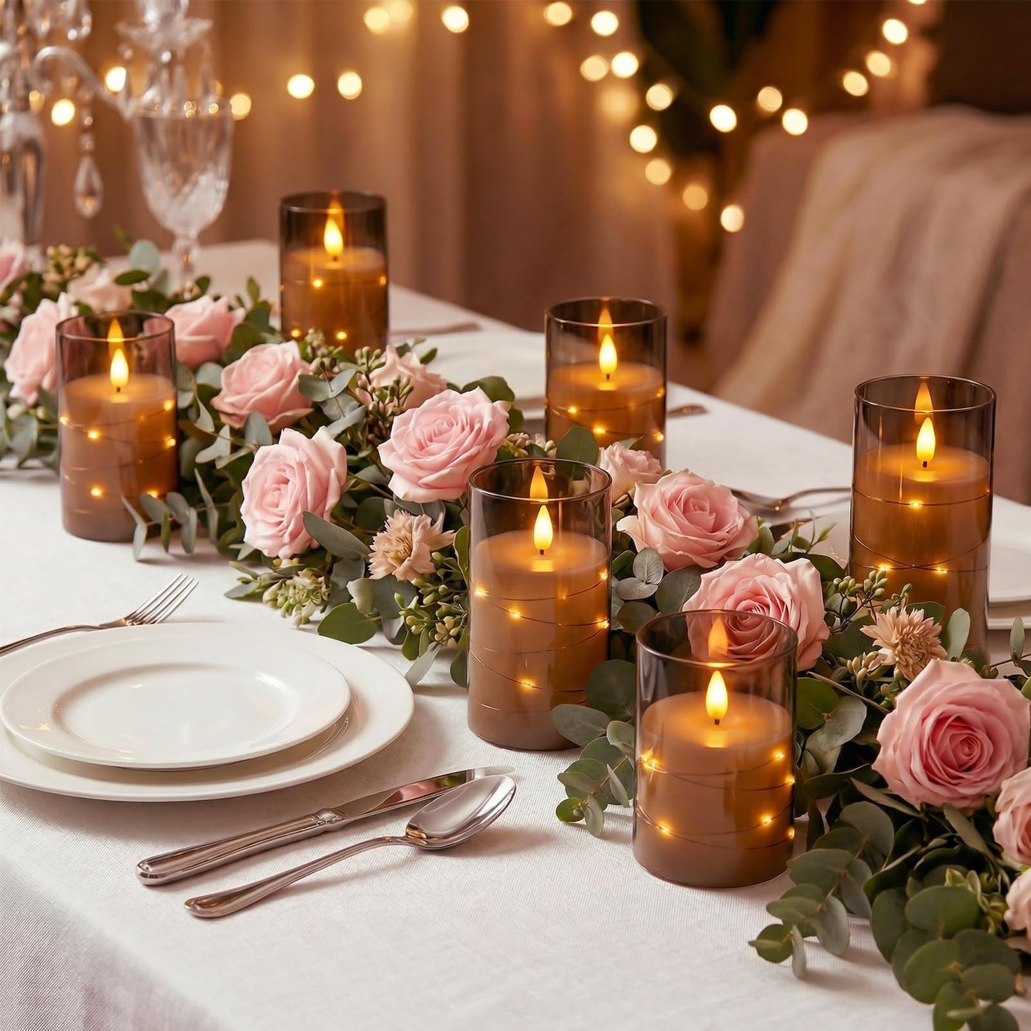 Amagic Grey Battery Operated Candles with Embedded Fairy Lights, Acrylic Fake Pillar LED Flameless Candles with Remote and Timer for Wedding Home Decor, Set of 6, D3 x H4 5" 6"