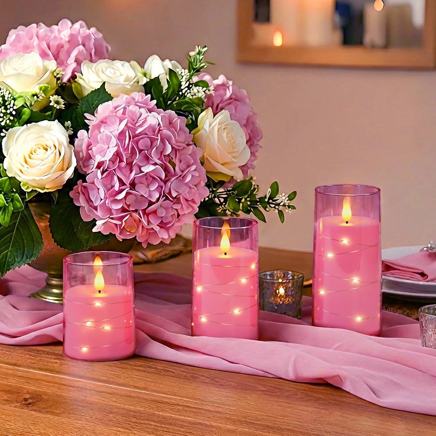 Homemory Flameless Pink Candles with Embedded Star String Fairy Lights, Battery Operated Candles, LED Candle, Fake Candles with Remote Control and Timer, Set of 3(H 4" 5" 6”)