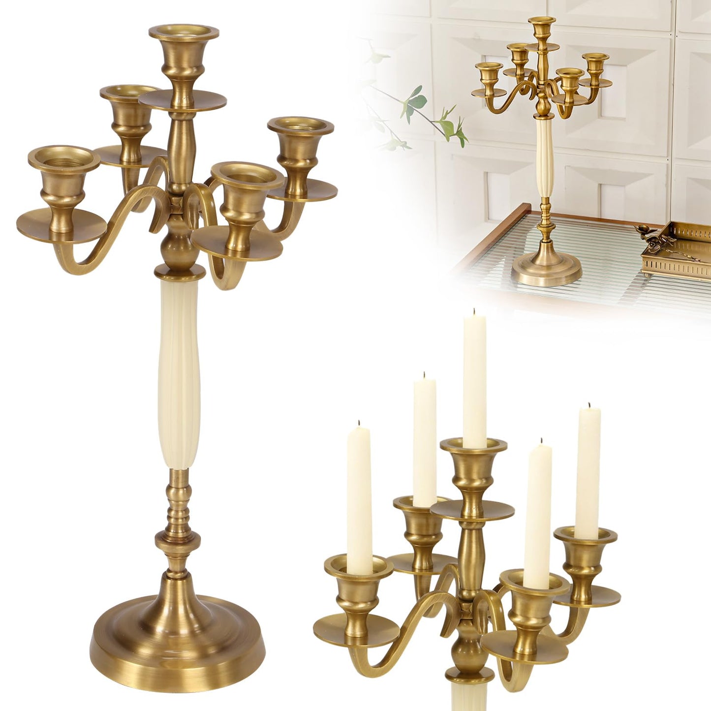 5 Arms Brass Plated Metal Candelabra Candle Stand Candlestick Holder for Wedding Dining Table Christmas Party and Indoor Home Decoration
