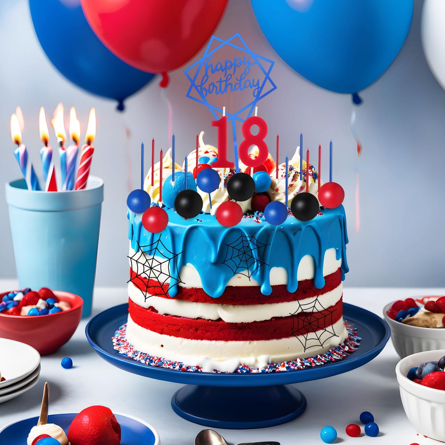 Yerliker 34 Pcs Happy Birthday Cake Toppers Decorations Birthday Candles DIY Cake Decor for Men Women Wedding Anniversary(Blue Red Black)