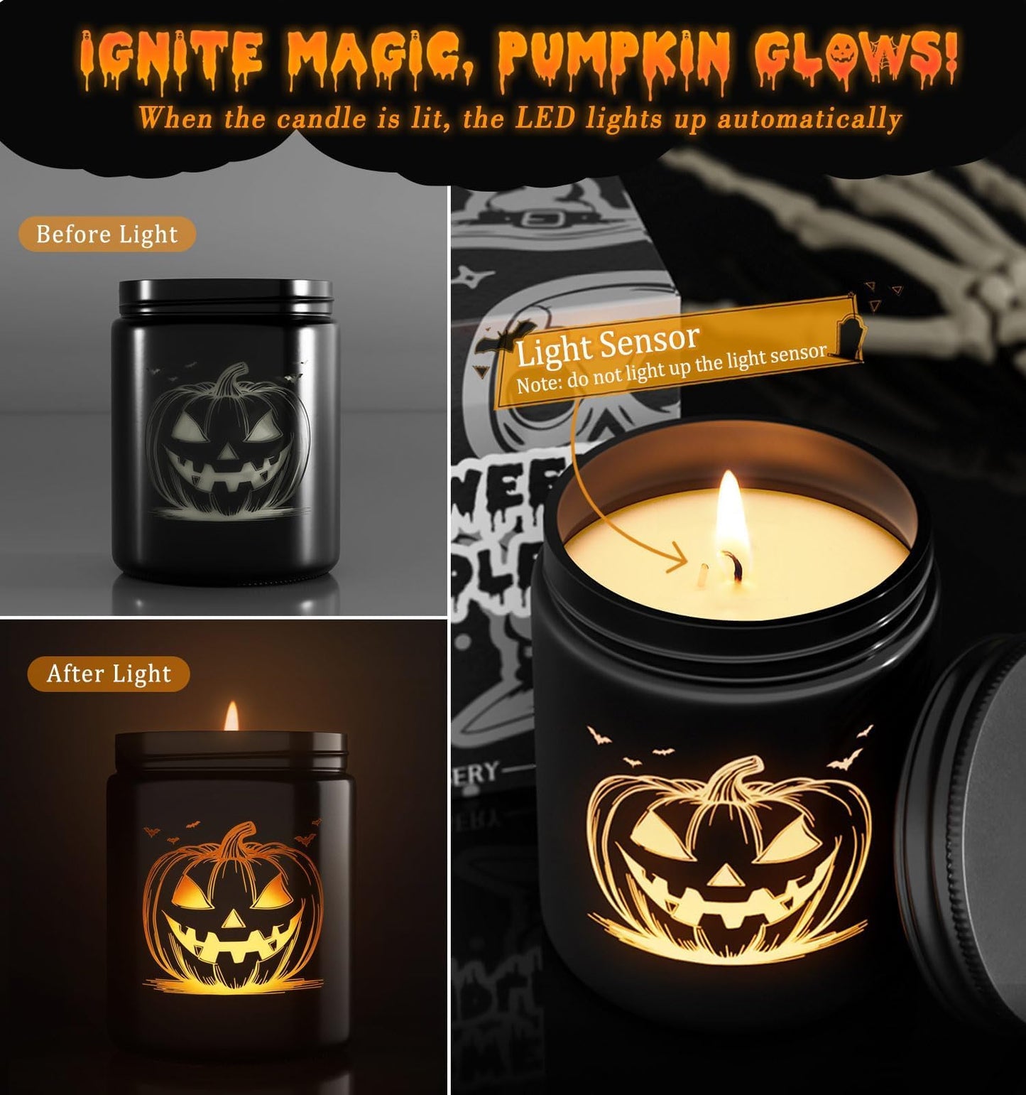 Halloween Decor Indoor-Halloween Gifts Candles for Women with LED Pumpkin Face,Fall Candles with Pumpkin Spice Scent Over 40 Hours of Burn Time, Gift for Home Fall Decorations Indoor, 100% Soy Wax