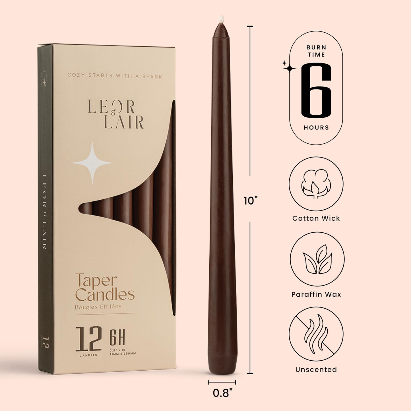 Leor & Lair Brown Taper Candles - 12 Pack 10" Brown Candlesticks - Unscented Long Burning Candle Sticks for Farmhouse Decor, Dinner Table, Holidays, Fall Weddings & Events