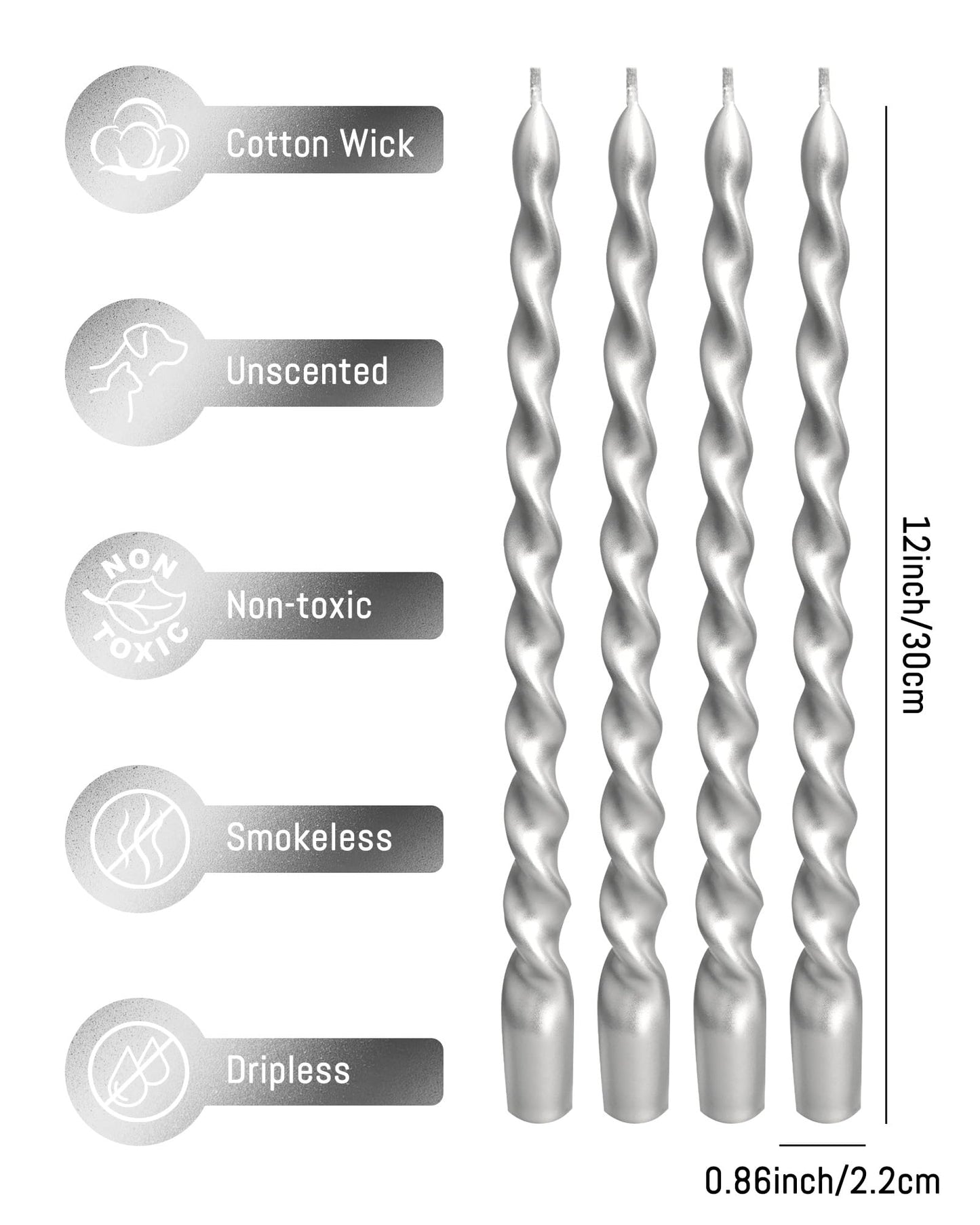 Viyffo Spiral Taper Candles 12 Inch – 4 Pack Silver, Dripless, Unscented, Smokeless – 9 Hour Burn – Tall Candlesticks for Wedding, Dinner, Holiday, Party, Home Decor