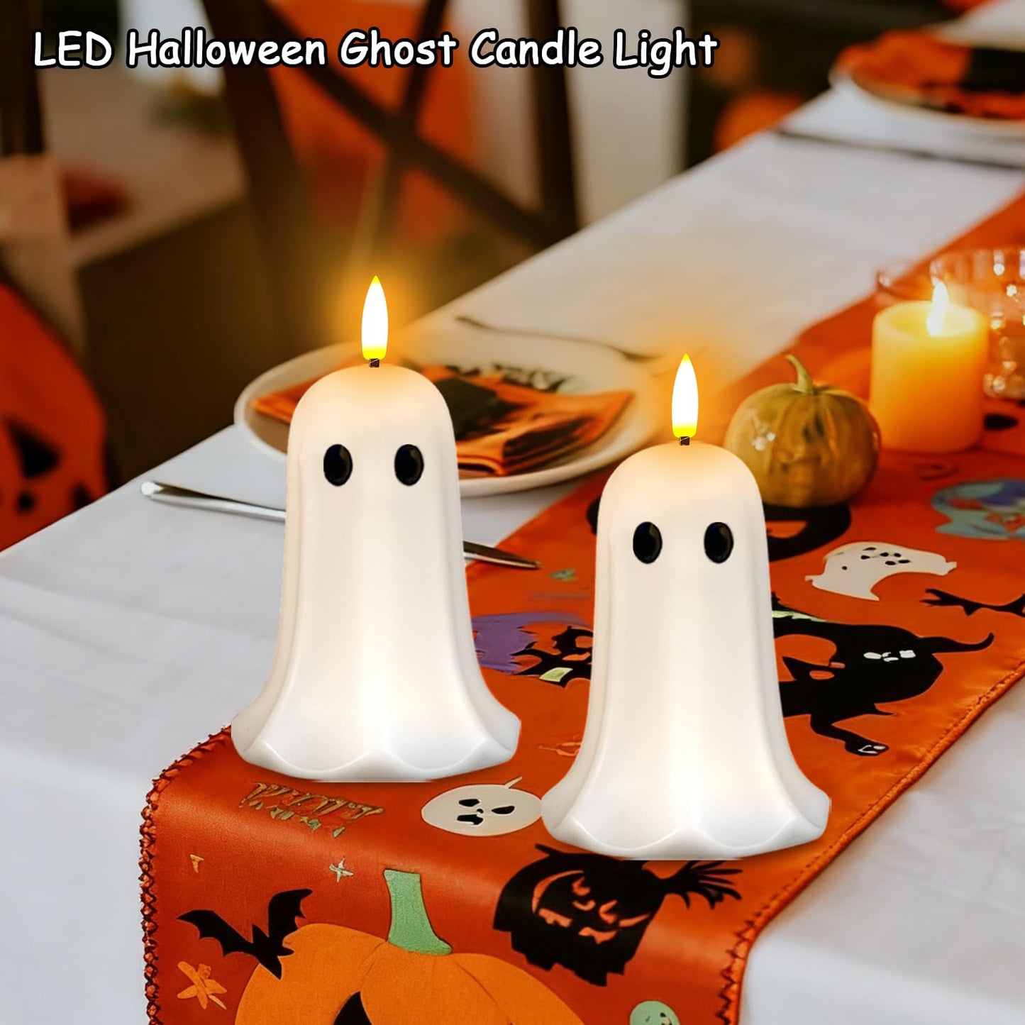 ilifemate Halloween Ghost Candle Lights 2 Pack with Remote, Battery Operated LED Flameless Candle Ghosts with Timer, Spooky Halloween Decorations for Indoor Outdoor Table, Mantel & Party Decor