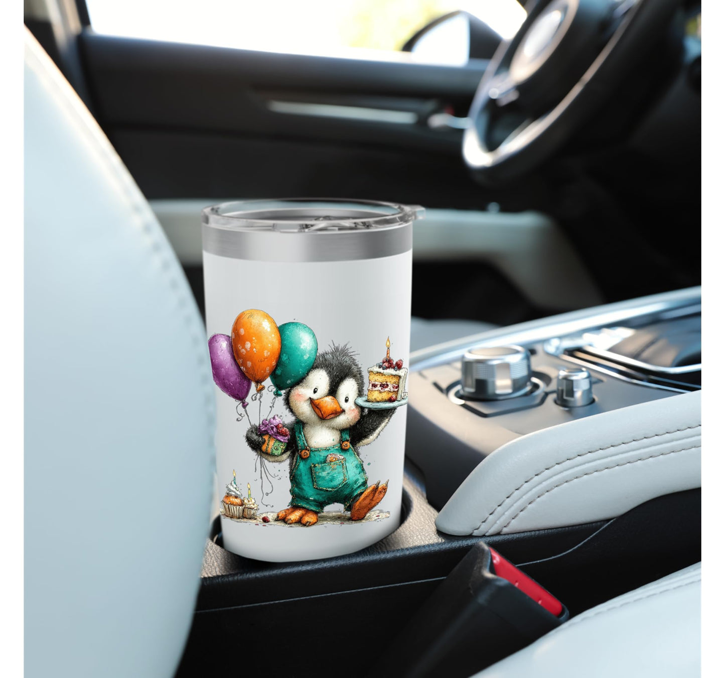 Cute Penguin Birthday Cake Balloons Celebration Stainless Steel Insulated Tumbler