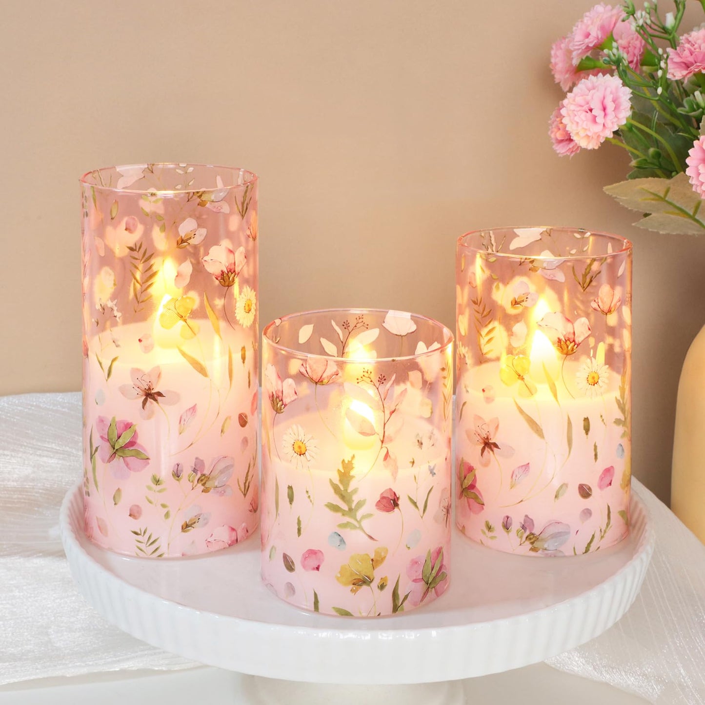 Crystal Club Flameless LED Candles with Remote Timer, Pink Floral Glass Battery Operated Candles, 3 Pack Realistic Flickering Pillar Candles for Wedding Home Centerpiece Decoration