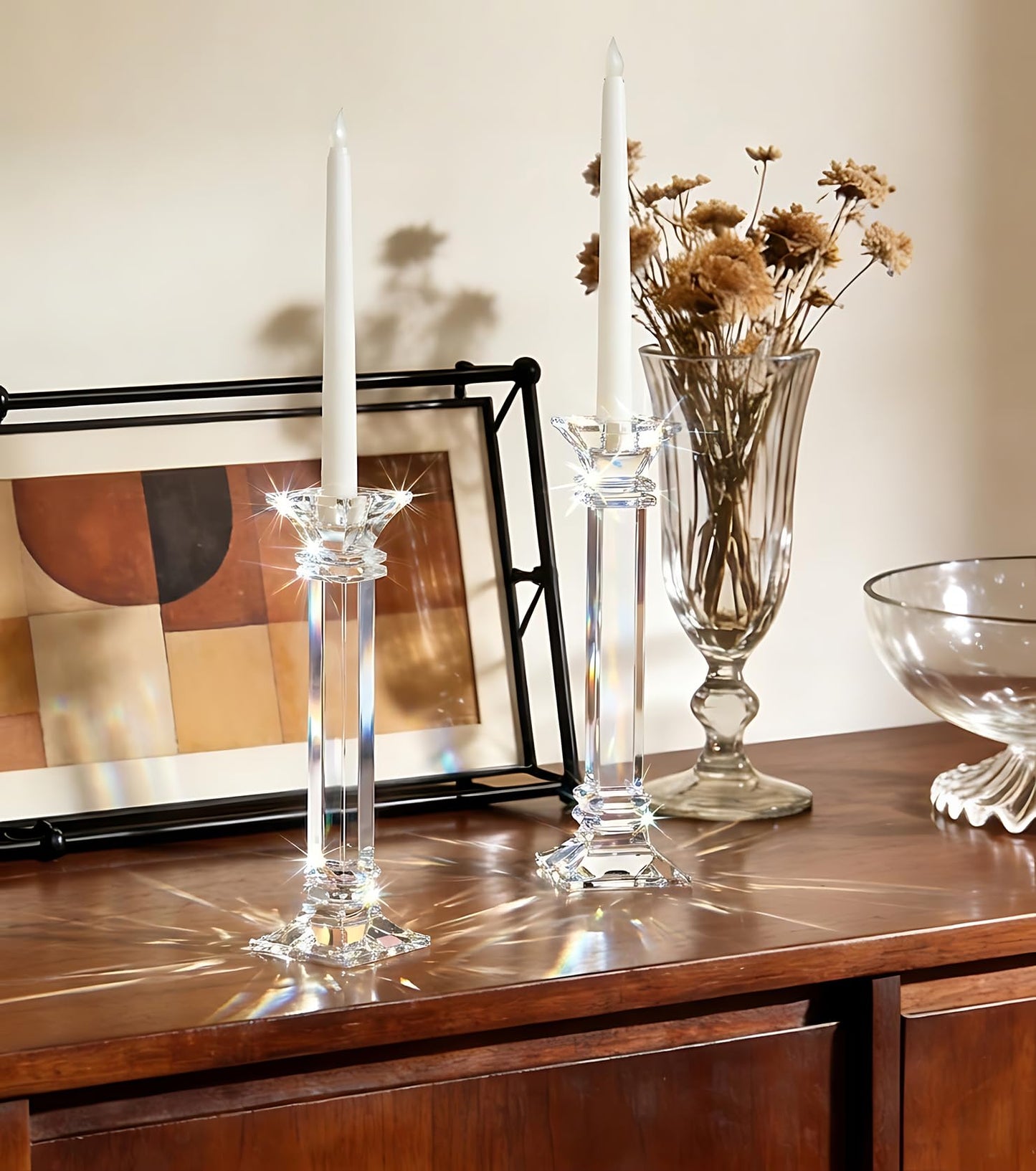 Crystal Candle Holders Set of 2, 10 Inch Tall Candle Sticks Holder Decor for Wedding Dining Table, Clear Glass Candlestick Holder Centerpiece, Heavy Duty K9 Crystal Candelabros para Centros de Mesa