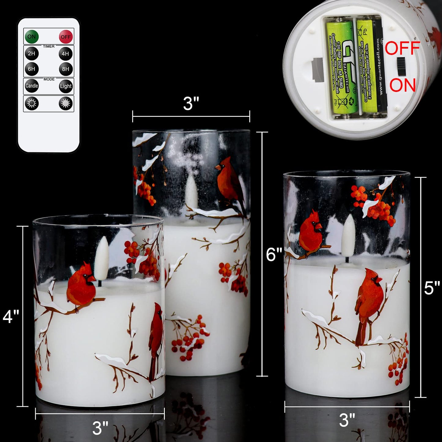 KunSwenn Cardinal Flameless Candles with Remote, Red Bird Glass Battery Operated Candles, Real Wax LED Candles with Flickering Flame, Cardinal Decor Gifts for Women Wedding Home(Pack of 3, 3”x4”5”6”)