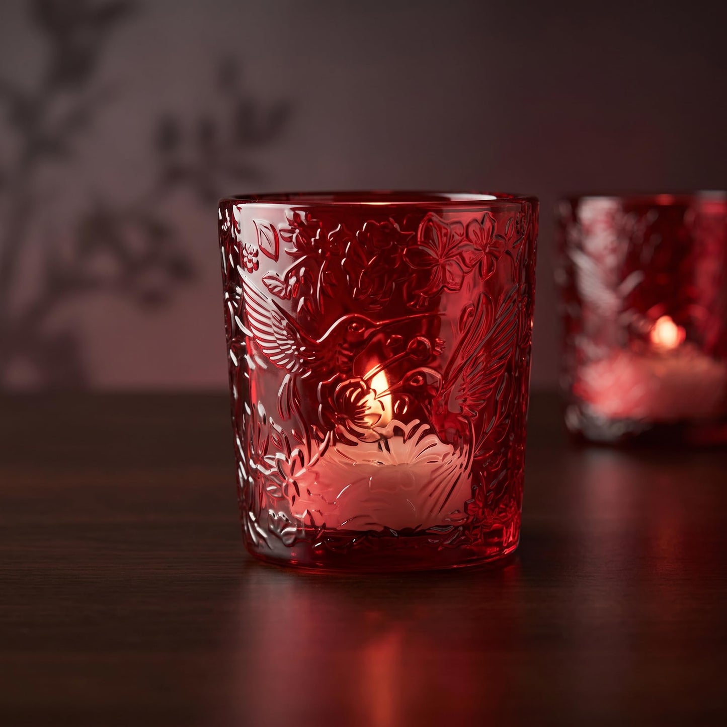 6 Pack Hummingbird Embossed Glass Candle Holders Votive Tealight Holders with Patent Design, Decorative Cups for Wedding Centerpieces, Parties, and Home Decor (Crimson Glow)