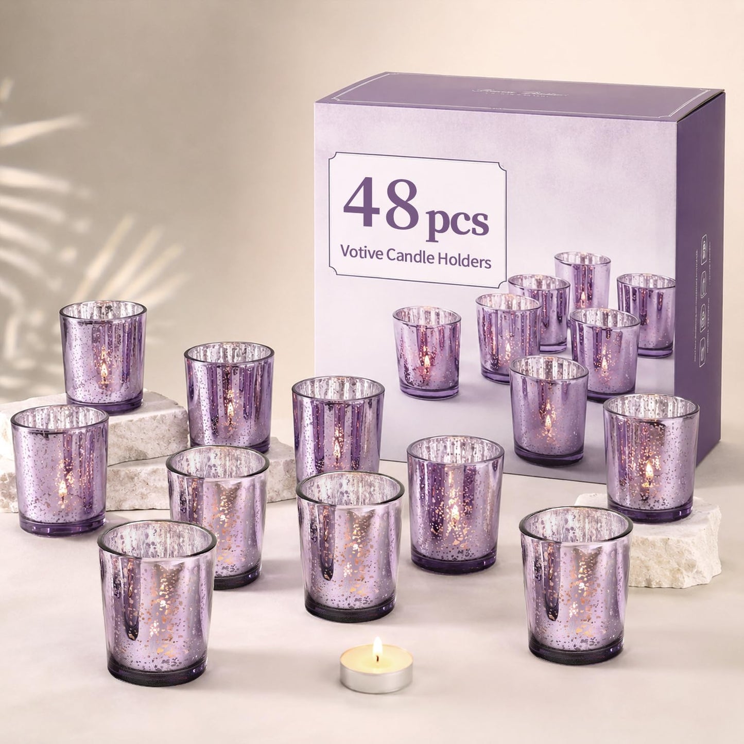 LETINE 48pcs Purple Votive Candle Holders – Glass Tea Light Candles Holder, Standard Votive Size for Regular Votive Candles & Wax Tea Light – Bulk Candle Holder for Party Decoration, Bridal Shower