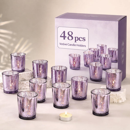 LETINE 48pcs Purple Votive Candle Holders – Glass Tea Light Candles Holder, Standard Votive Size for Regular Votive Candles & Wax Tea Light – Bulk Candle Holder for Party Decoration, Bridal Shower