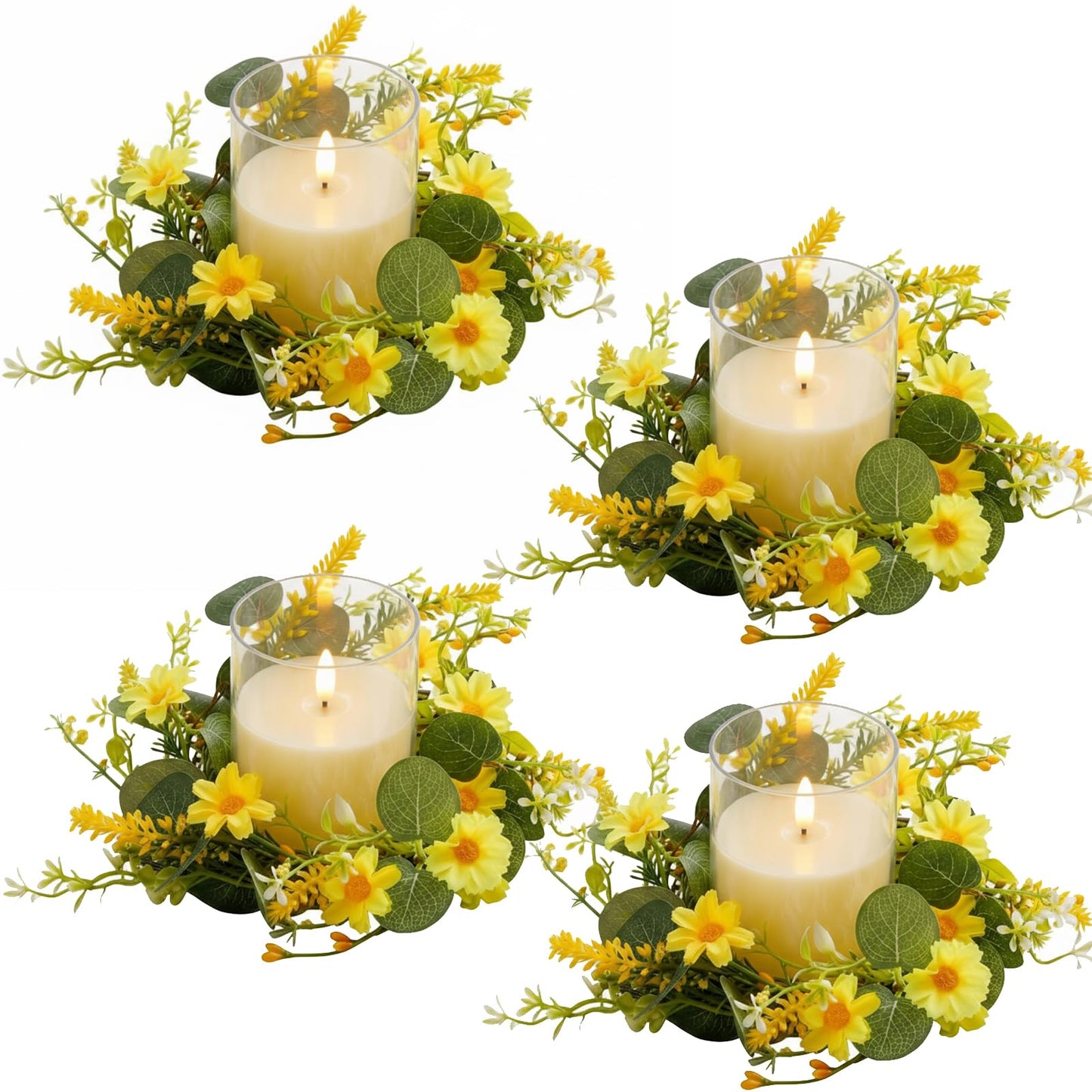 Yunlly 4 Pcs Artificial Daisy Candle Rings Wreaths, Yellow Flower Wreaths with Eucalyptus and Berry Greenery Garland with LED Flameless Candles for Spring Summer Easter Wedding Home Table Decor