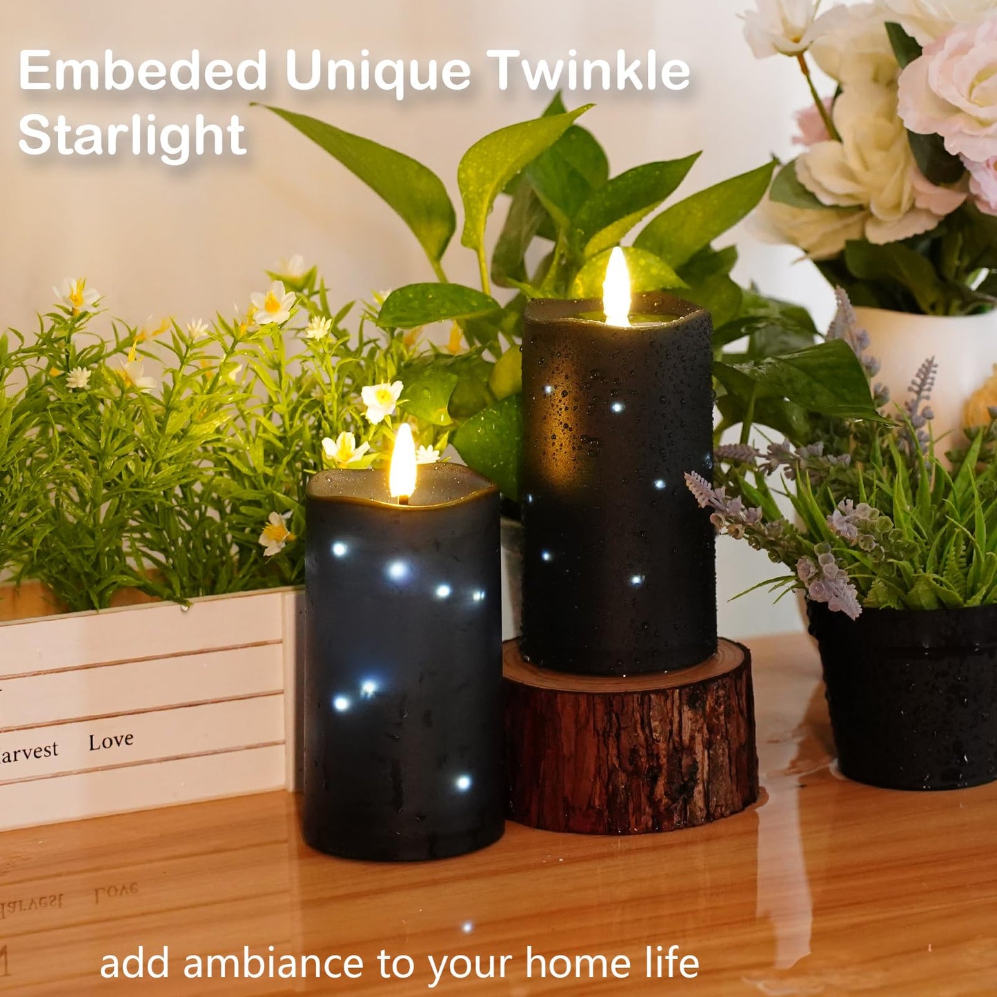 Flameless Candles Embeded Twinkle Starlight, Waterproof LED Flameless Candles with Remote, Plastics Realistic Pillar Candles for Home Decor, Outdoor Garden, Patio Decor 2pcs(Black)