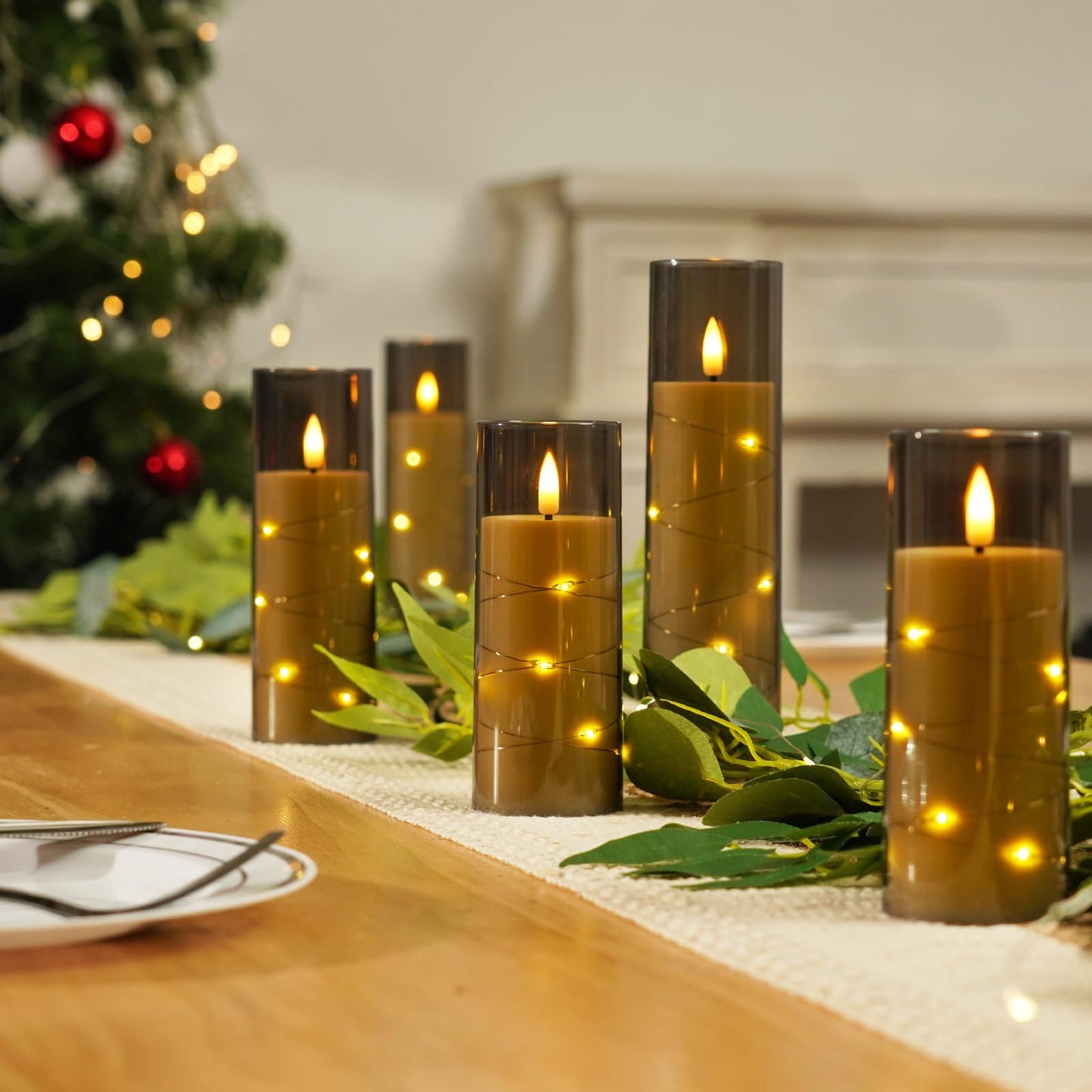 Homemory 12Pcs Flameless Candles with Star String Fairy Lights, Flickering Battery Operated Candles, LED Fake Candles with Remote and Timer, Halloween, Weddings, Home Decor, Grey