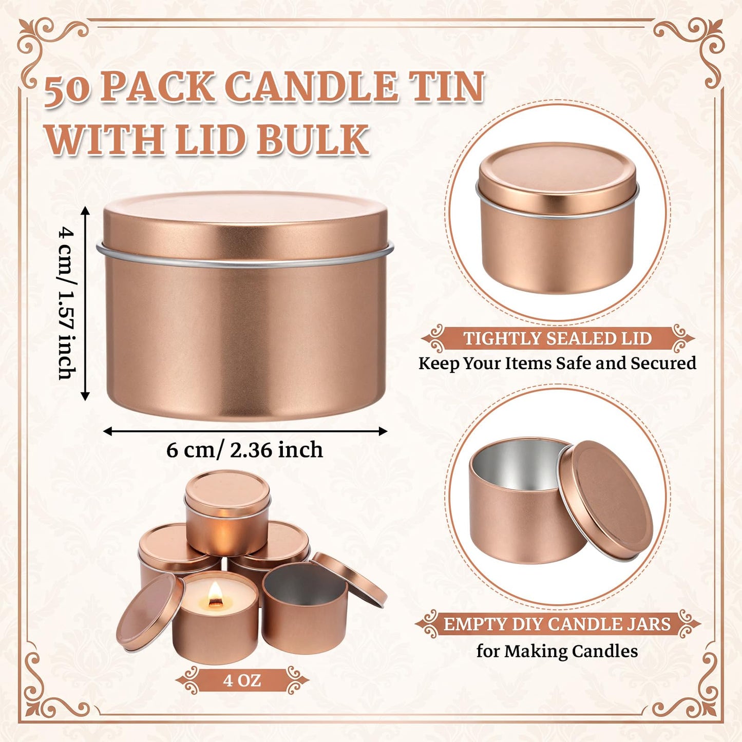 Suclain 50 Pack 4oz Rose Gold Candle Jars Bulk, Mini Empty Candle Tins with Lid for Making Candles, Candy Tins for Wedding, Candles Containers for Wedding Party DIY Crafts, Sample Storage