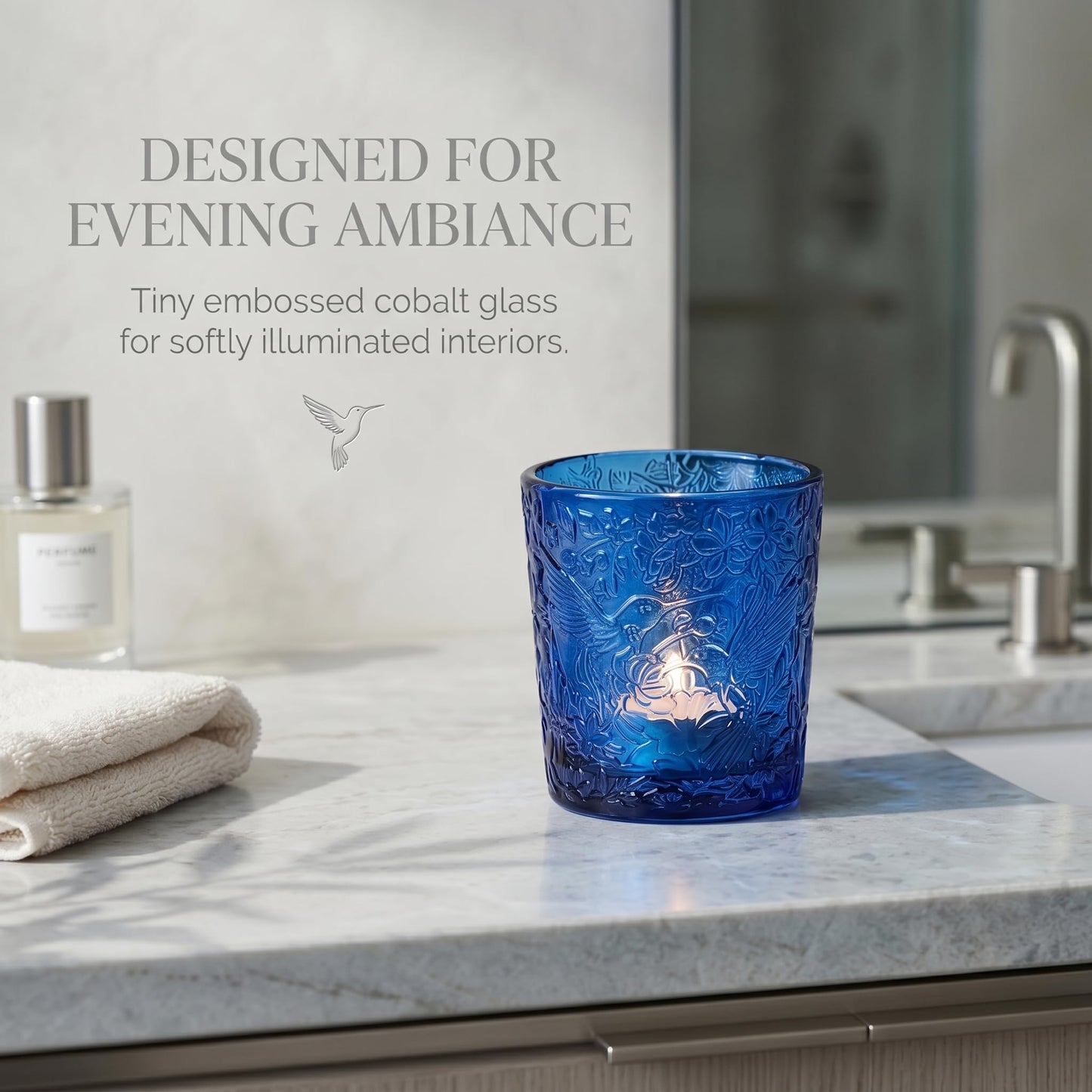 12 Pack Hummingbird Embossed Glass Candle Holders – Votive Tealight Holders with Patent Design, Decorative Embossed Glass Cups for Wedding Centerpieces, Parties, and Home Décor (Ocean Blue)