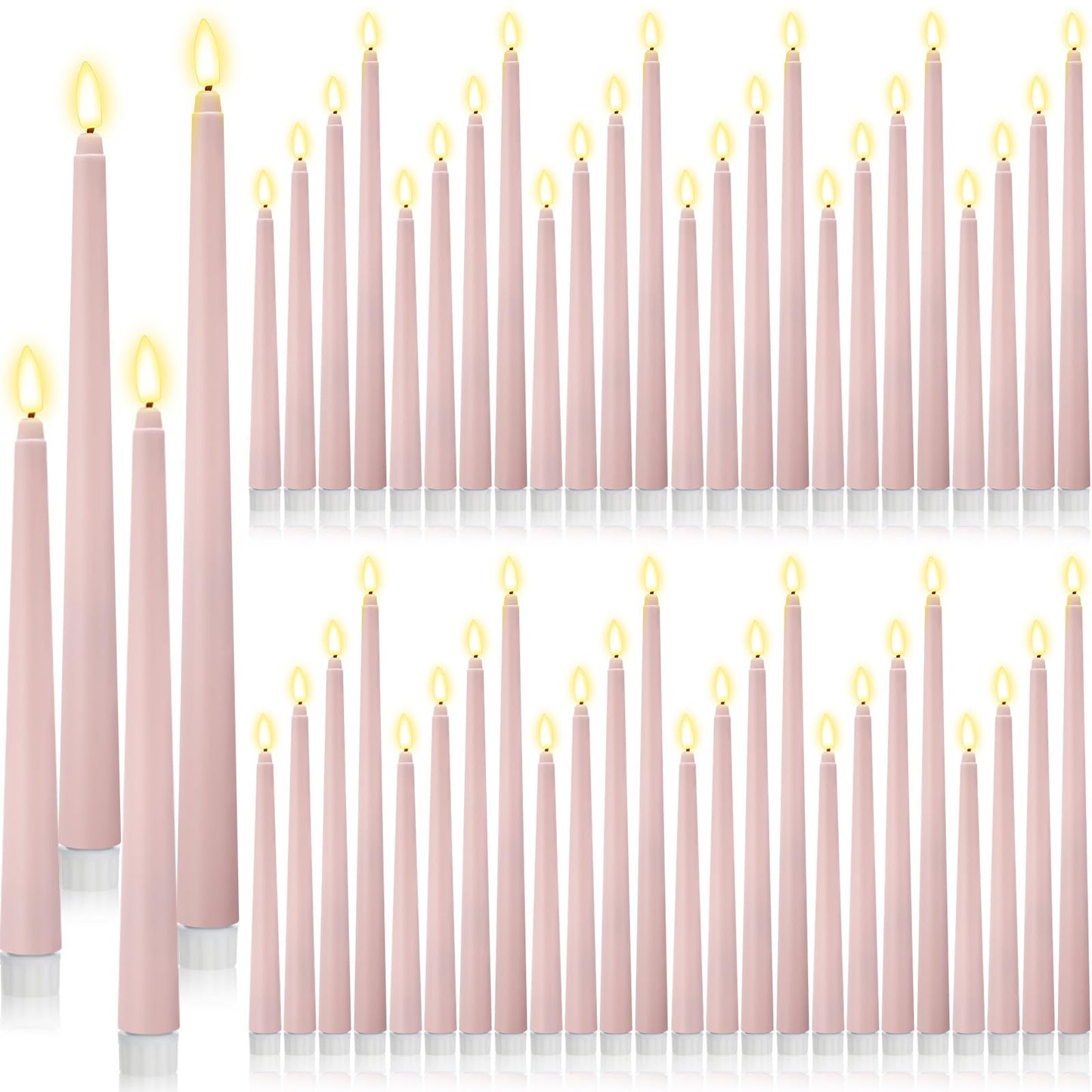 Rossesay 48 Pcs Flameless LED Taper Candles Battery Operated Candles 4 Sizes of 8.5'', 9.65'', 10.83'', 12.8'' Flameless Candlesticks Flickering for Halloween Christmas Church Wedding(Dusty Pink)