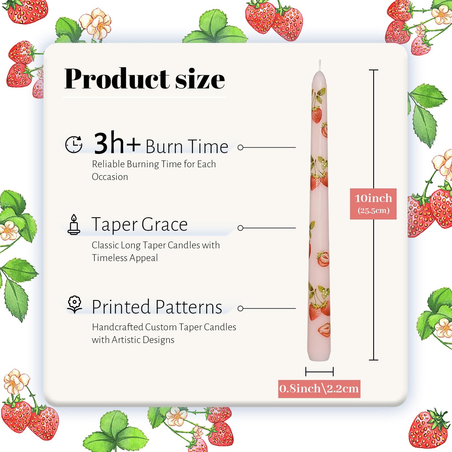 Taper Candles 10 Inch Print Candle Handmade Unscented Light Pink Strawberry Long Candles 2 Pack Twisted Candlesticks for Wedding Home Decoration Gifts