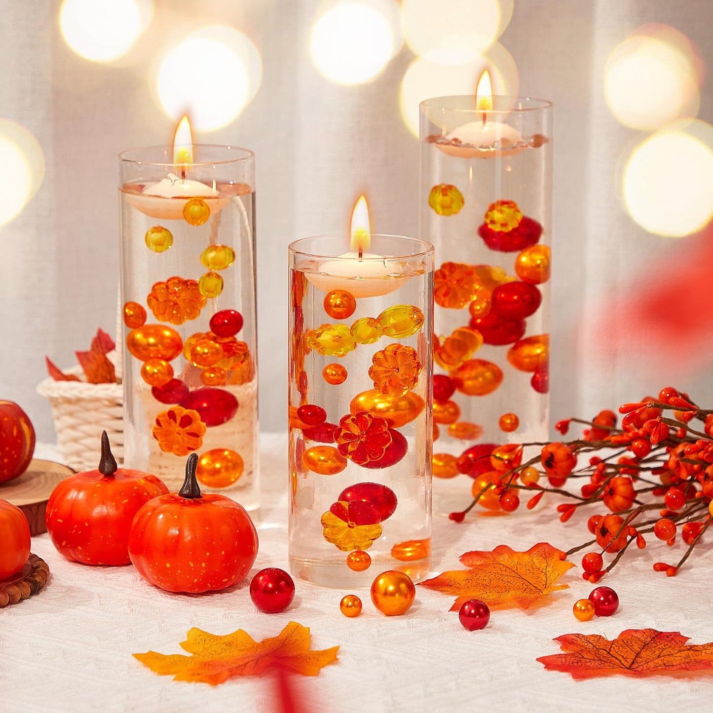 MTLEE 124 Pcs Thanksgiving Vase Filler Faux Pearl for Vase Filler with 8 White Unscented Candles for Fall Thanksgiving Home Table Party Festival Decors, Not Included Clear Beads(Pumpkin)