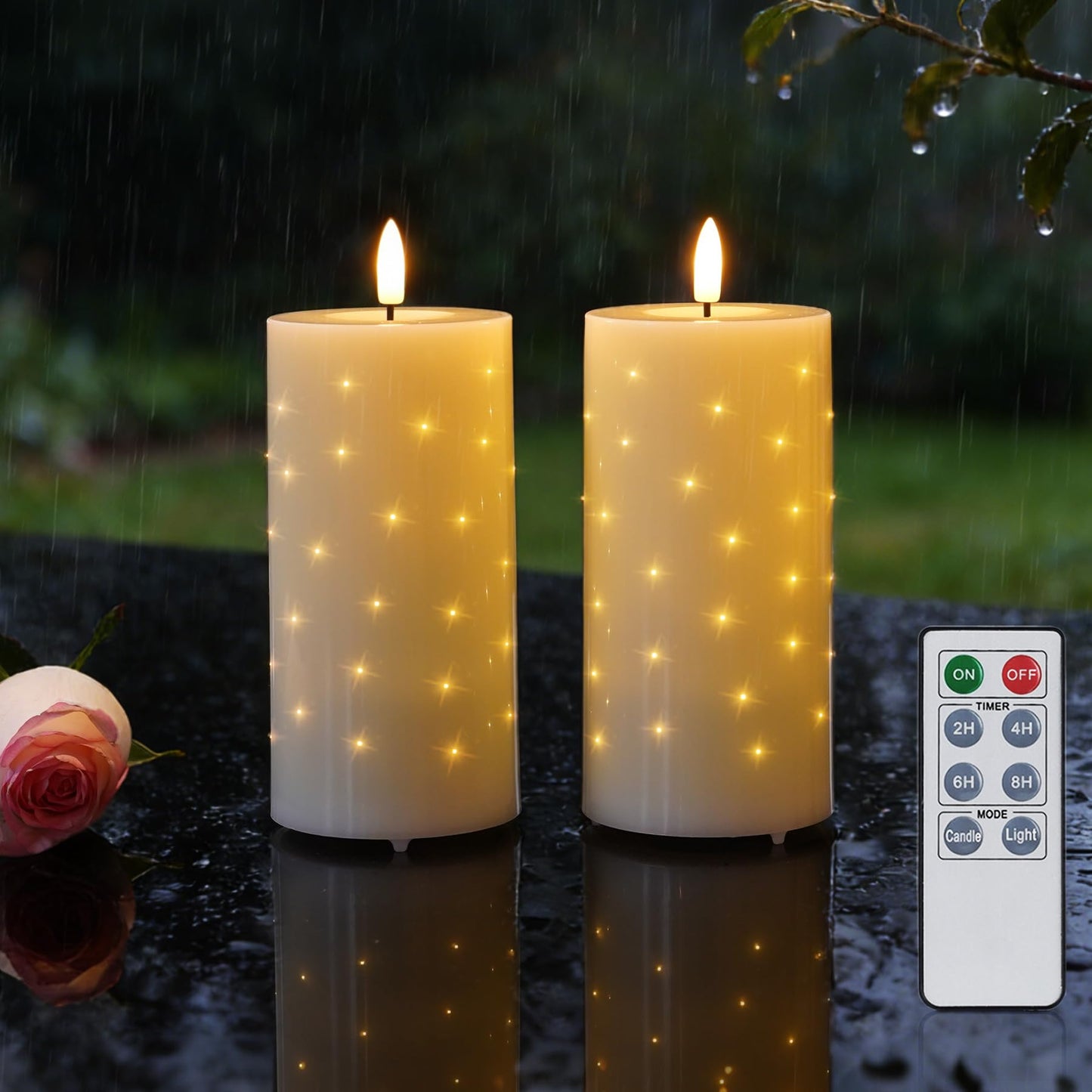 Rhytsing 6 Inches Water-Resistant LED Candles with Twinkle Fiber Optic Lights and Remote, Outdoor Battery Operated Candles for Garden, Bathroom and Patio - Set of 2